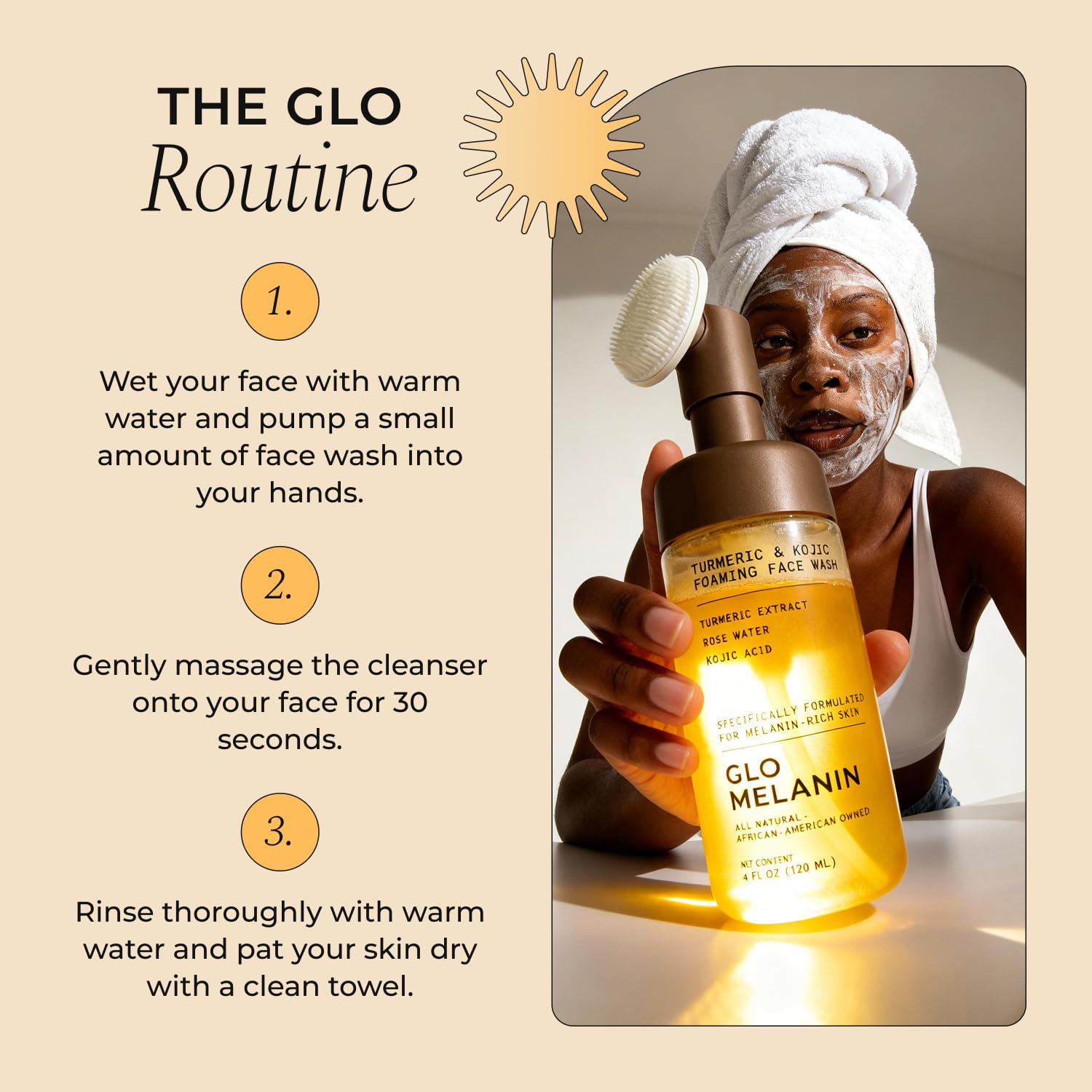 Glo Melanin Turmeric & Kojic Foaming Face Wash with Scrubber, 120ml
