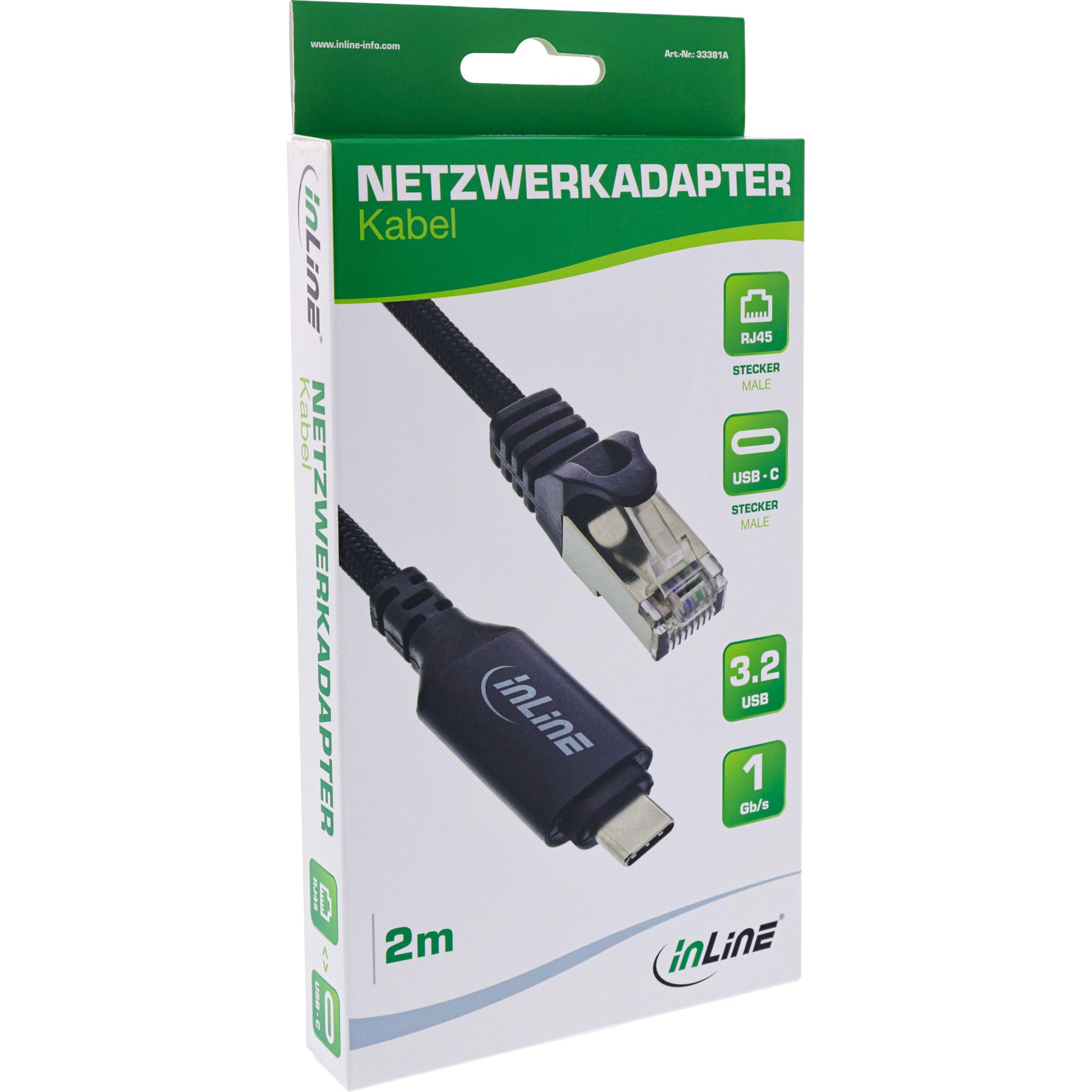 InLine® Cavo adattatore di rete USB 3.2, USB-C a RJ45, Gigabit LAN, Cat.6, connessione Ethernet per notebook, tablet, switch, 2 m, 33381A
