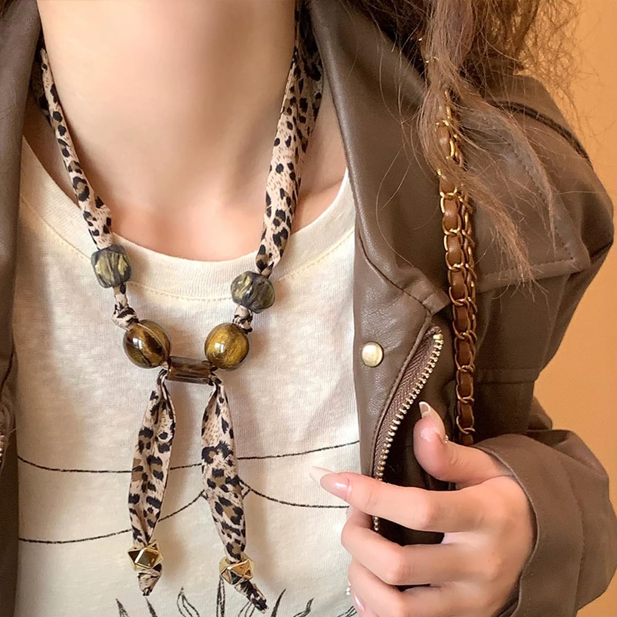 Leopard Scarf Fabric Choker Necklace for Women, Beads Adjustable Bandana Brown Silk Satin Style Jewelry Necklace for Holiday - Image 2
