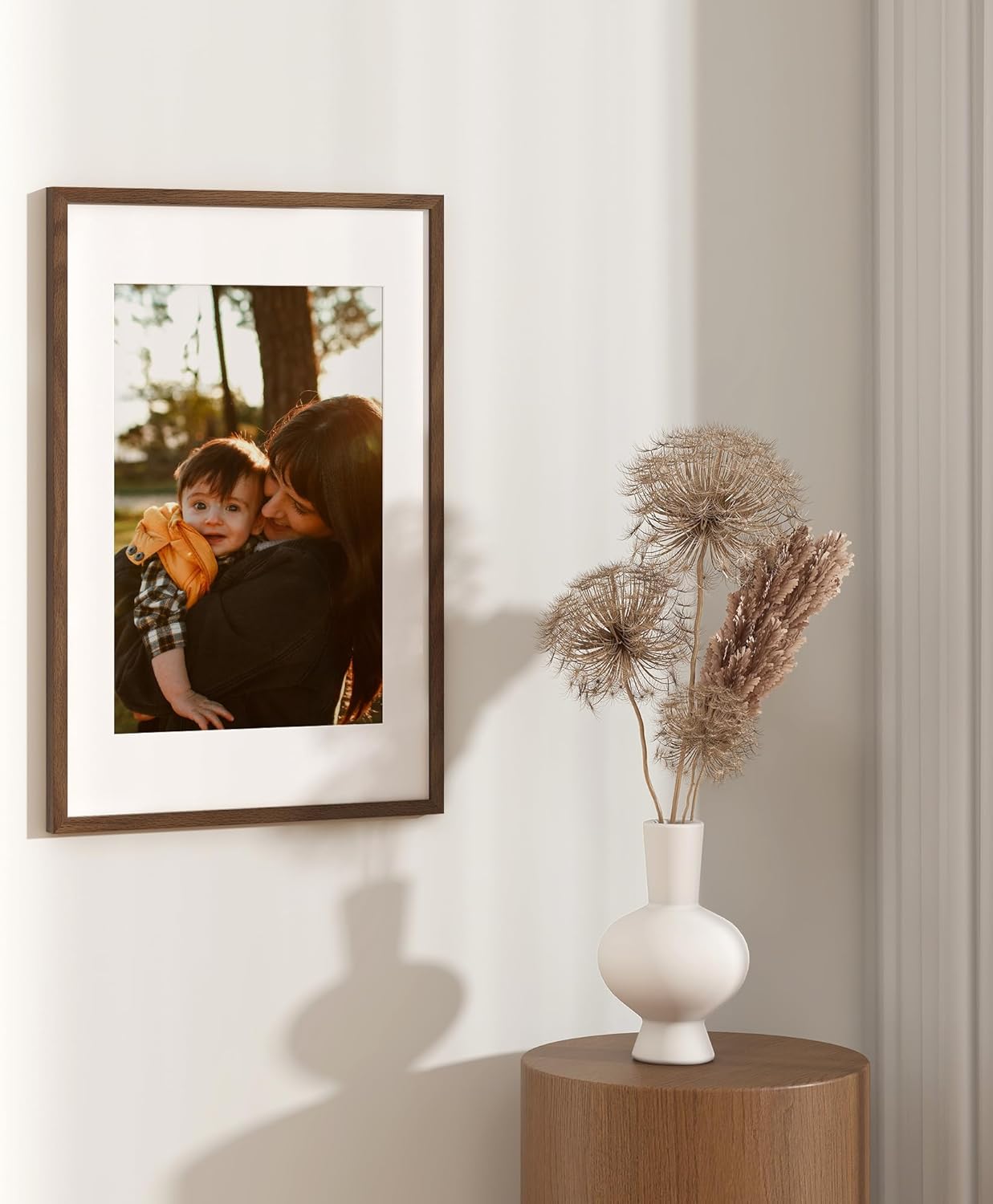 16x24 Oak Wood Picture Frame with Mat for 12x18, 16 by 24 USA-Sourced Natural Solid Wooden Poster Frame for Wall Display, Tempered Real Glass, Hanging Hardware Included, 1 Pack, Walnut Color