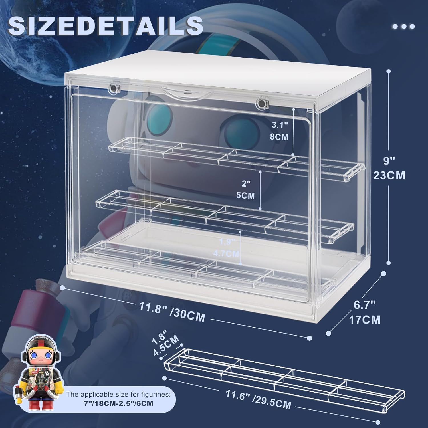 LED Acrylic Display Case for Collectibles, Cordless Power Stacking Showcase with 3-Tier Steps - Clear Dustproof Protector Box with Magnetic Door for Action Figures, Popmart, Funko pop