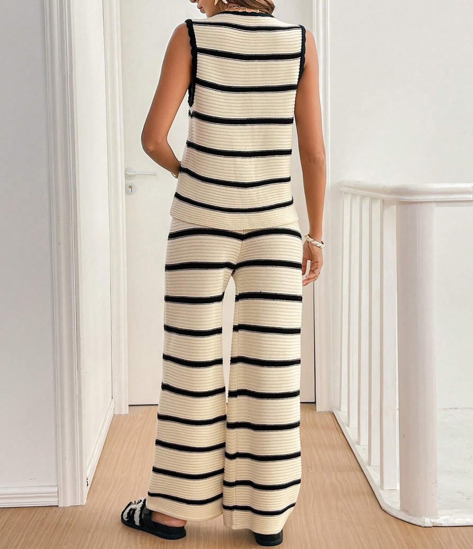 Completo Estivo da Donna In Maglia A Righe Top Senza Maniche Con Allacciatura Frontale E Pantaloni A Gamba Larga Comodo Set Coordinato In Due Pezzi