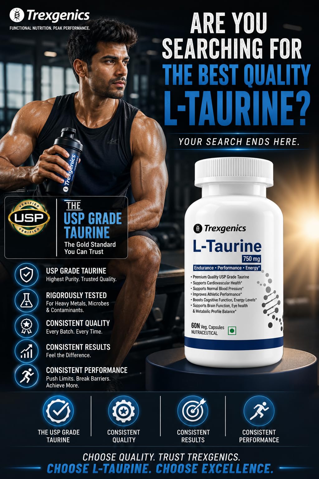 Trexgenics L-TAURINE 750 mg Nervous System, Energy, Heart, Cardiovascular system, Brain, Eye Health Support (60 Vcaps) (Pack of 1) 1