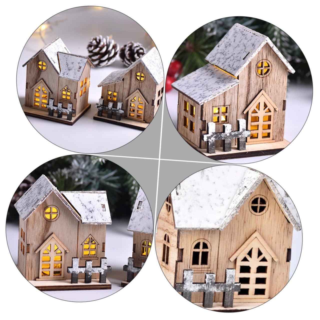 3 Piezas Decoración Navideña Madera Luminosa Casas Pueblo con Luz LED para Interior Fiesta Xmas