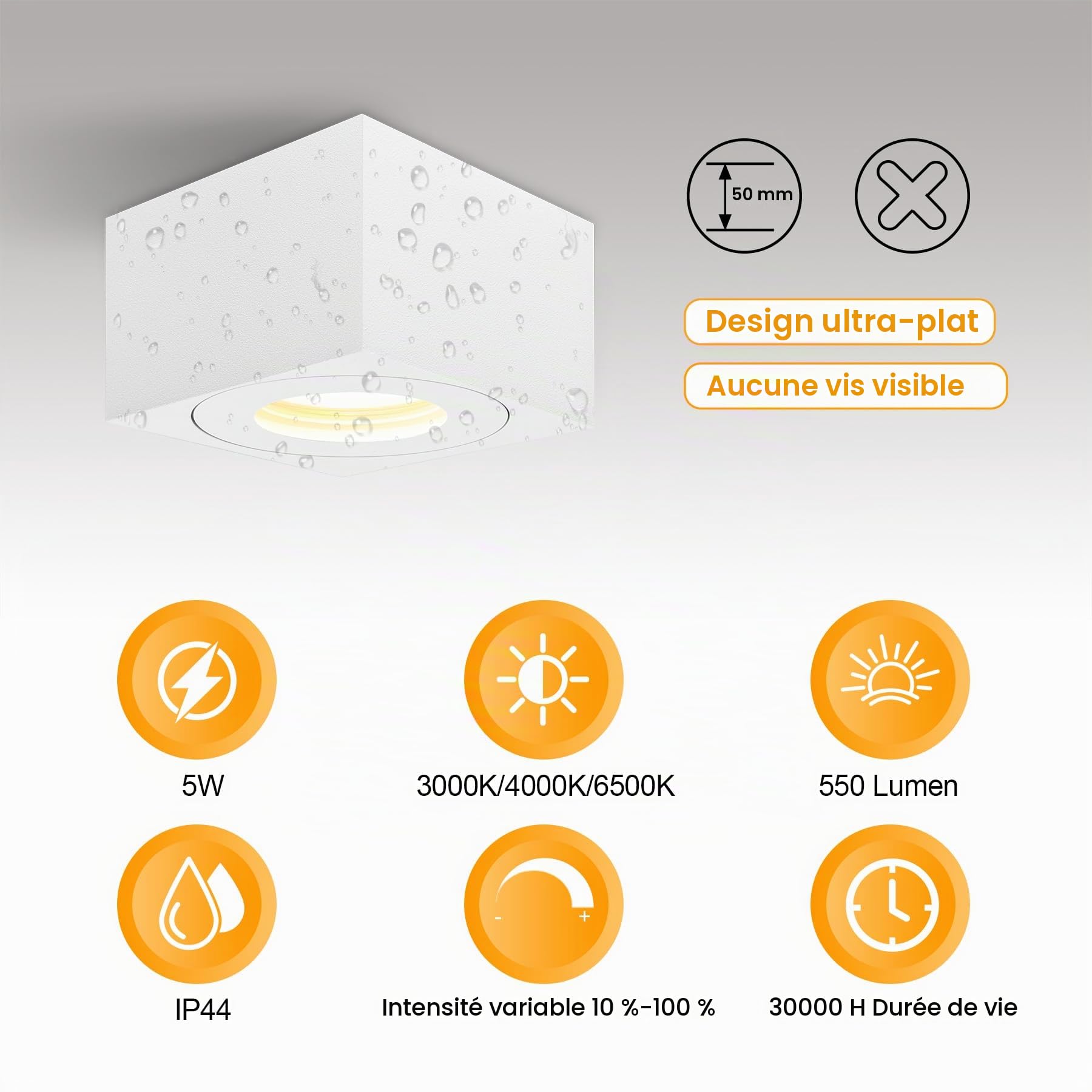 2x Spots de plafond Blanc, Carré, Dimmable, IP44 salle de bain, Spot plafonnier plat Ø80x50mm, Comprend module LED remplaçable de 5W 550LM, 3CCT 3000K/4000K/6500K aluminium Spot LED en Saillie