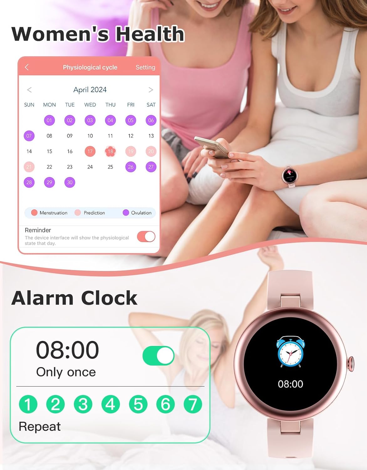 SHANG WING Lynn Fitness Tracker showing women's health tracking and alarm clock functions