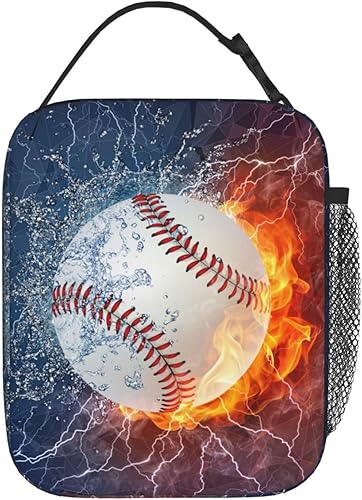Miniatura 3 de Lonchera de béisbol con temática deportiva para niños, niñas, adolescentes, adultos, reutilizable, aislada, con estampado de fuego y agua, bolsas de