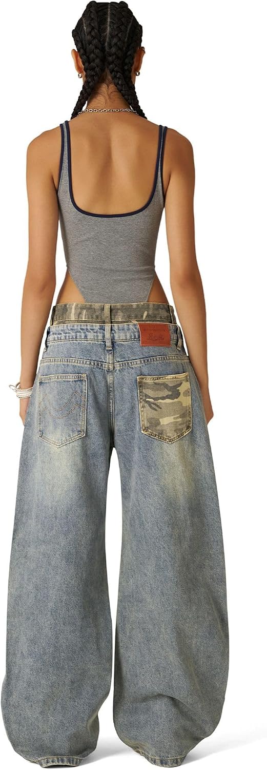 Aelfric Eden Womens Camo Double Waist Jeans Baggy Wide Leg Casual Streetwear Retro Washed High Waisted Denim Pants Trouser