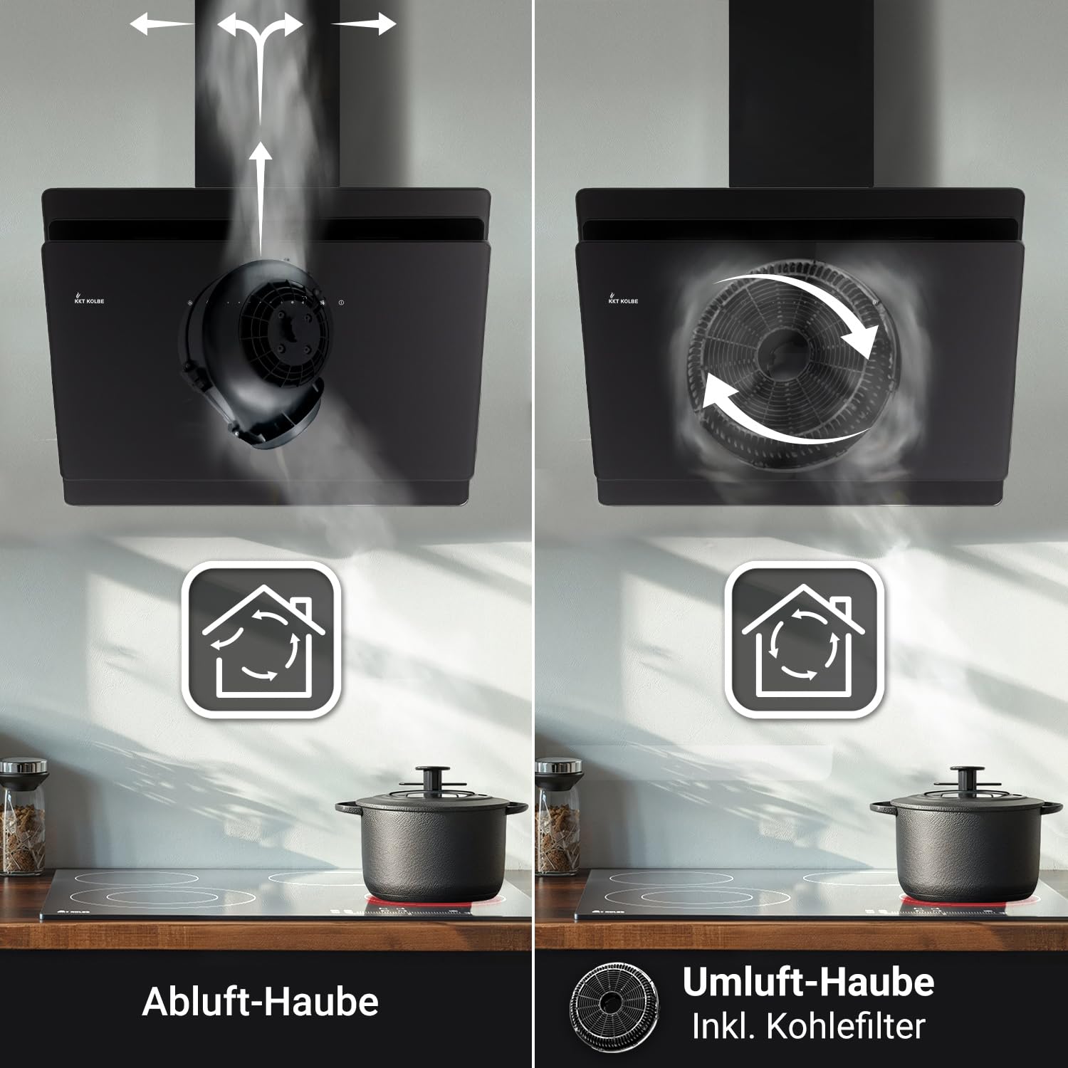 KKT KOLBE Dunstabzugshaube 60 cm 782 cbm/h Umluft Abluft Kopffrei Wandhaube Schräghaube Schwarz Glas SensorTouch LED-Beleuchtung