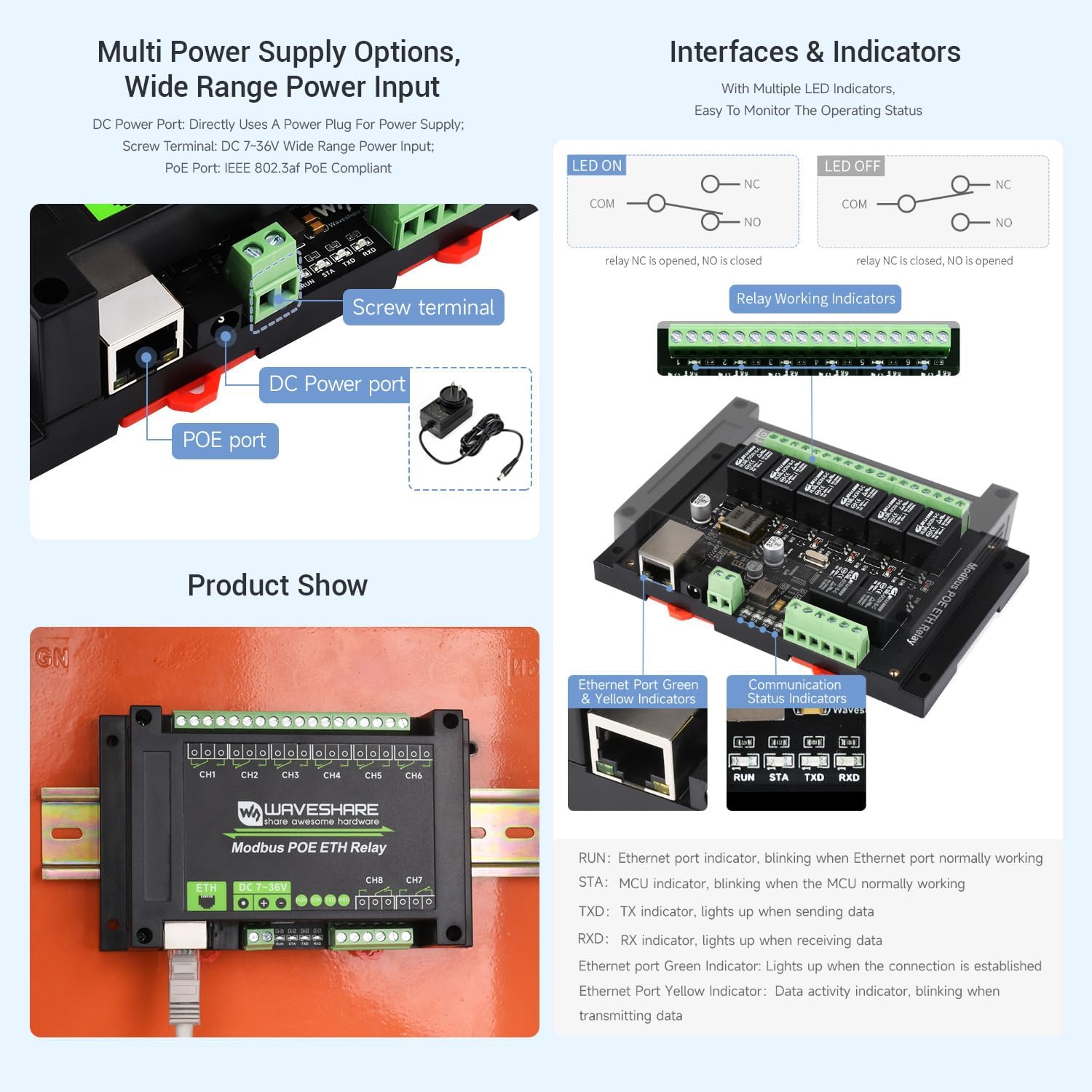 KLAYERS 8-Channel Ethernet-Controlled Relay Module for Industrial Use, Modbus RTU/Modbus TCP Protocol, PoE Power Supply, ABS DIN Rail Enclosure, Secure for High-Performance Control Systems