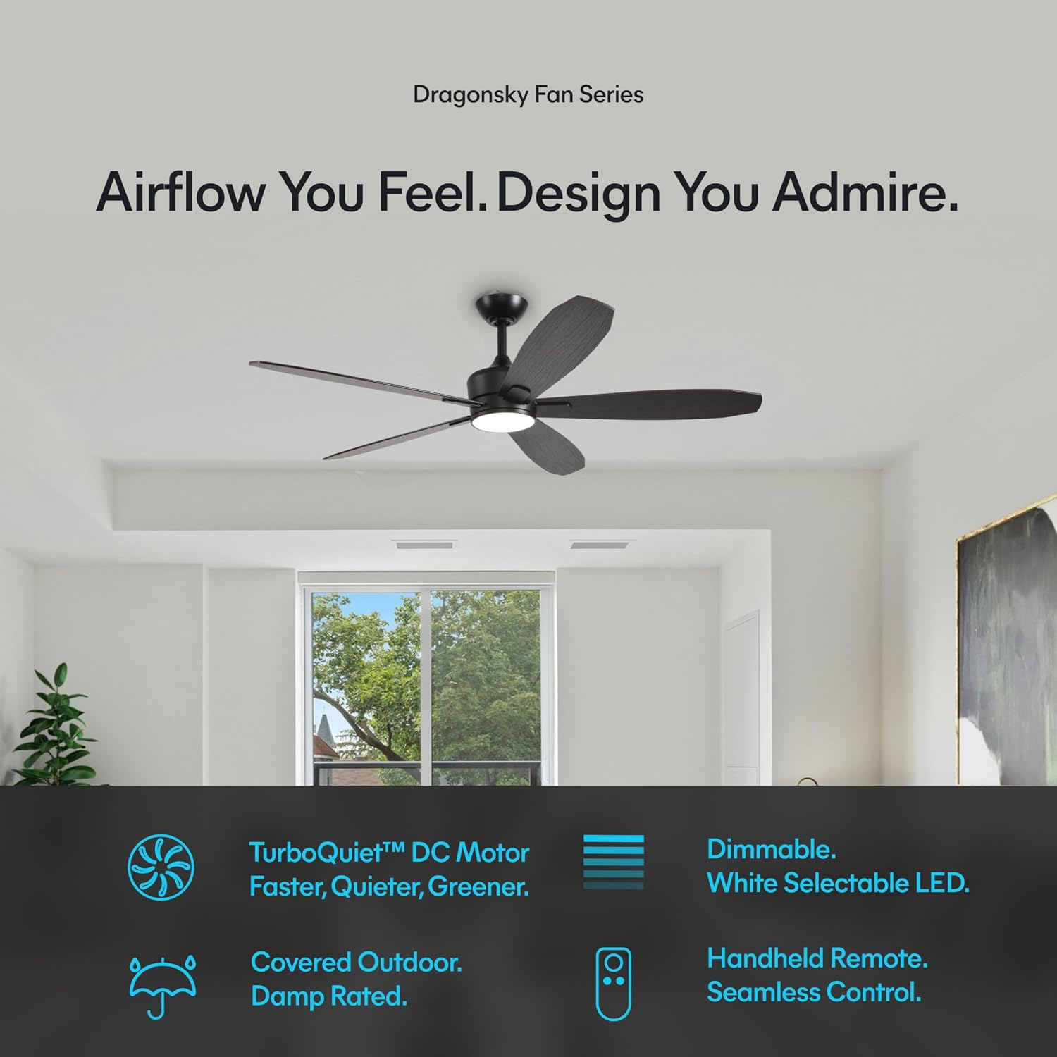 KASTLITE 56-Inch Matte Black Ceiling Fan with Light & Remote Control | 6CCT LED, Quiet Energy Efficient DC Motor Cooling & Lighting Fixture | Reversible Blackened Oak & Dark Walnut Blades | Dragonfly