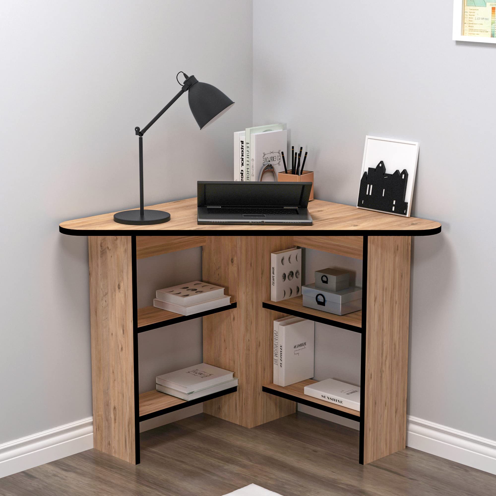 Gredos Computer Desk, Corner Desk, Writing Desk with Storage Shelves, H 73.8 cm | W 105 cm | D 80 cm (Atlantic Pine - Black Band)