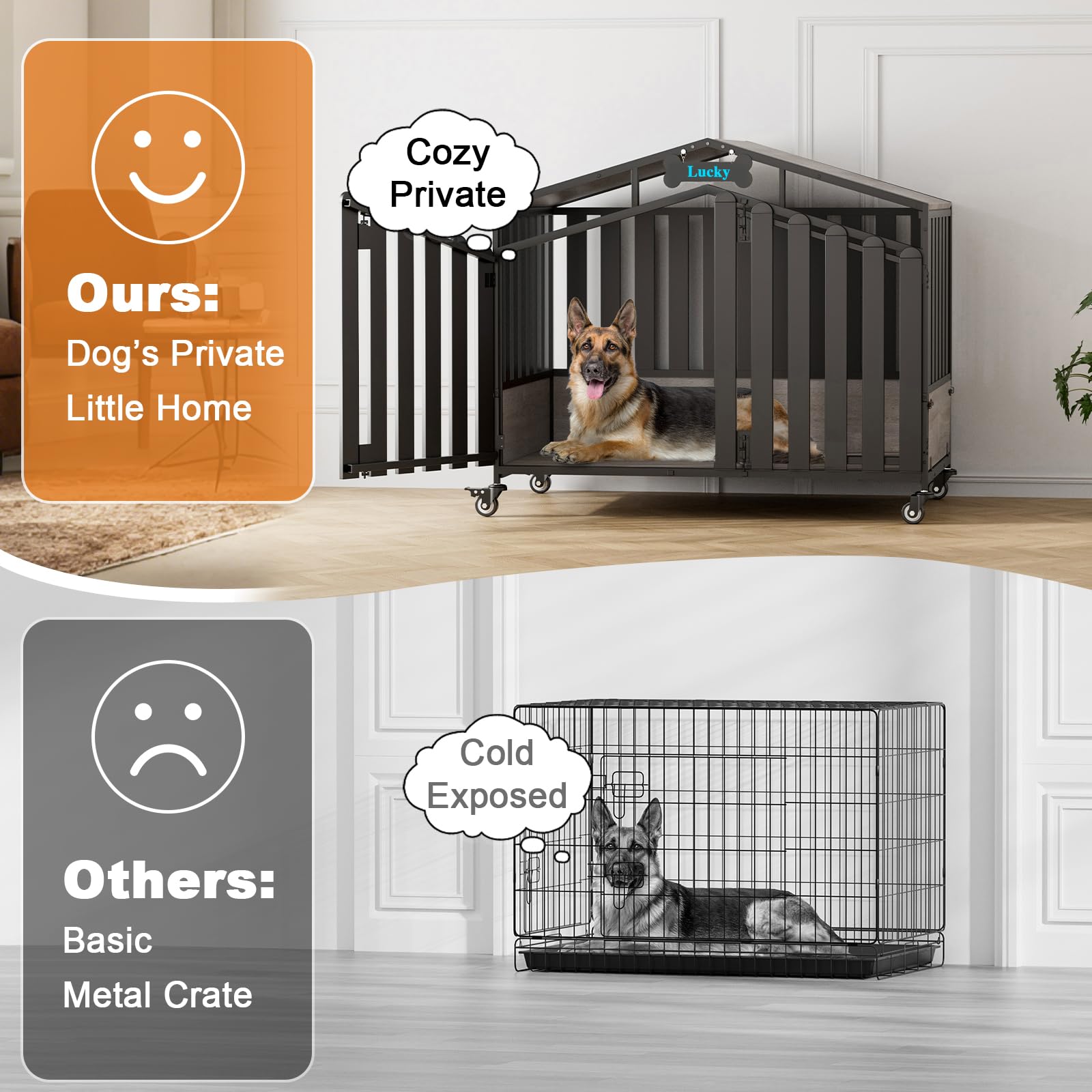122cm XXL Große Hundekäfig Möbel, mit 360° Rollen und Namensschild, Holz Hundebox für Zuhause mit Futterklappe, 2 Türen, Dicke Stahlplatten, Kau-/Ausbruchsicher, 122x72x79cm, Eichengrau