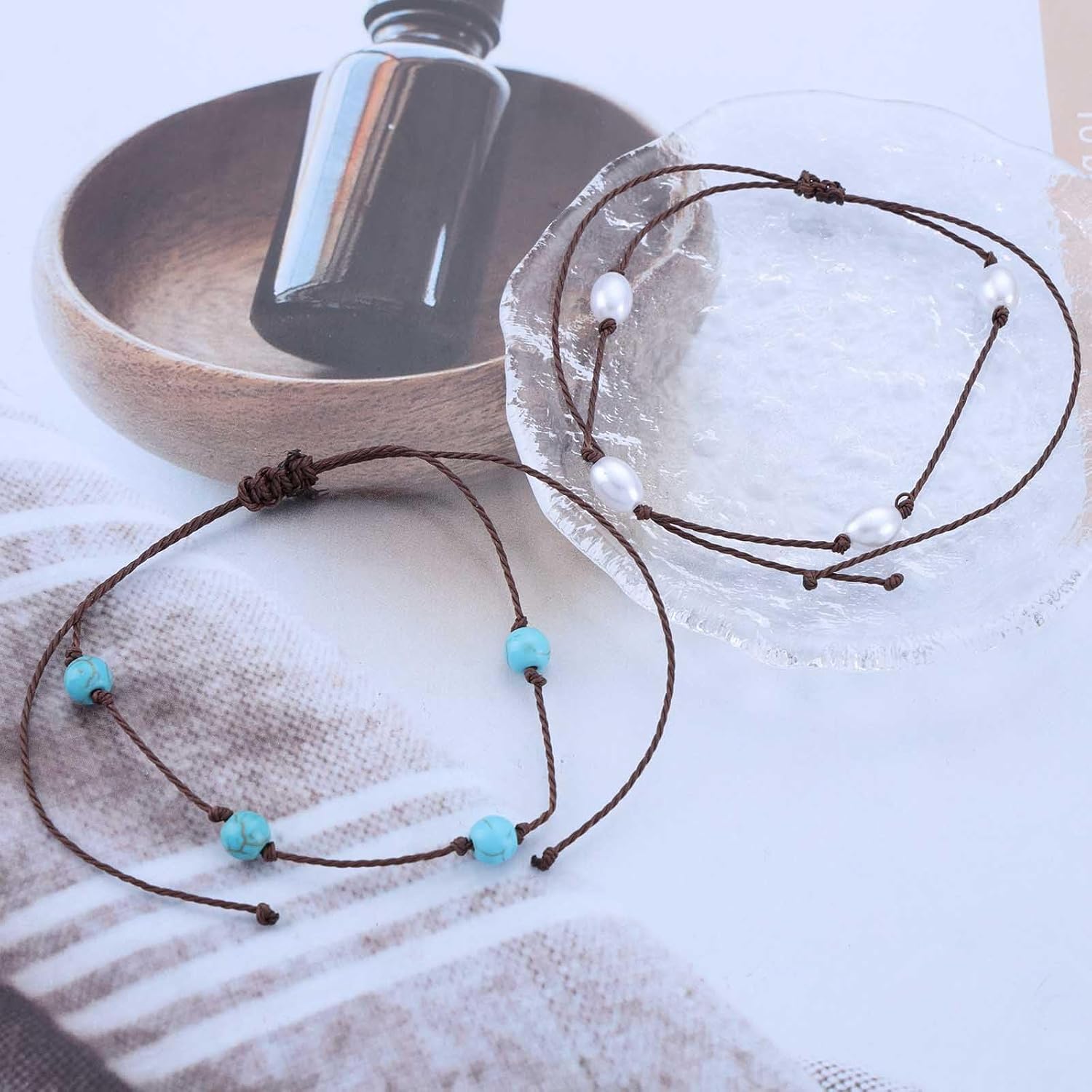 Bohemian Turquoise Pearl Anklet Bracelet Brown Pearl Woven Rope Turquoise Bead Ankle Bracelet Small Pearl Chain Anklet Adjustable Wax Anklets Summer Beach Foot Chain Jewelry for Women - Image 3