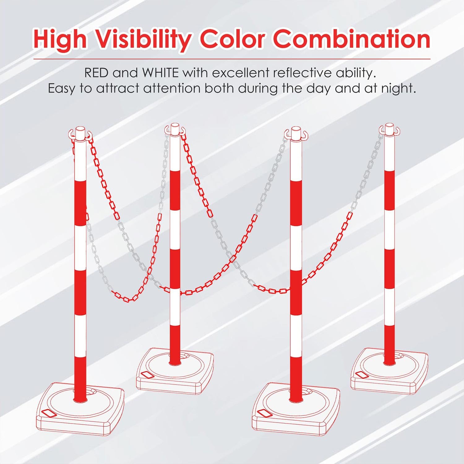 OrangeStar 4 Pack 40" Traffic Delineator Post Cones w/Rubber Base, Safety Delineator Barrier w/Total 20Ft Chains, Traffic Barriers Safety Cones for Parking Lot, Road Construction (Red White)