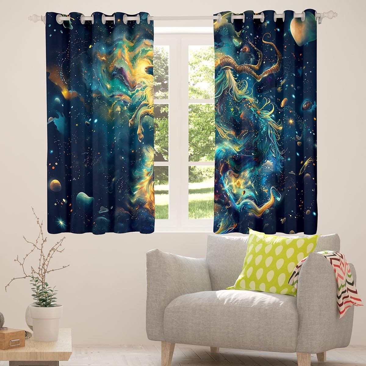 Castle Fairy Capricorn Window Drapes,12 Constellations Kitchen Window Treatments 42Wx63L Inches,Astrology Nebula Cloud Galaxy Room Decor Blackout Curtains