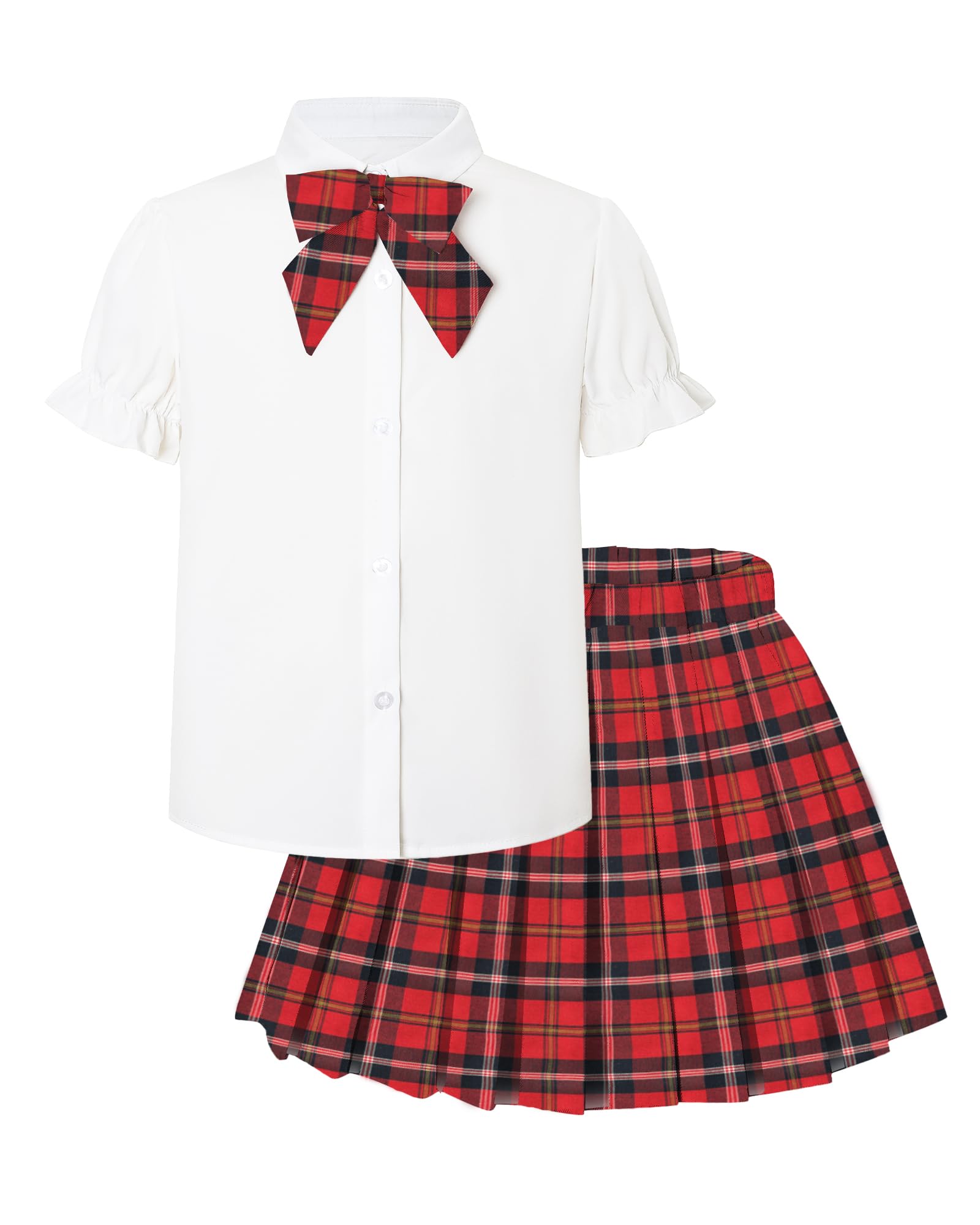 Girls JK Uniform Outfit, Shirt with Bow &amp; Pleated Skirt,4T-16Y