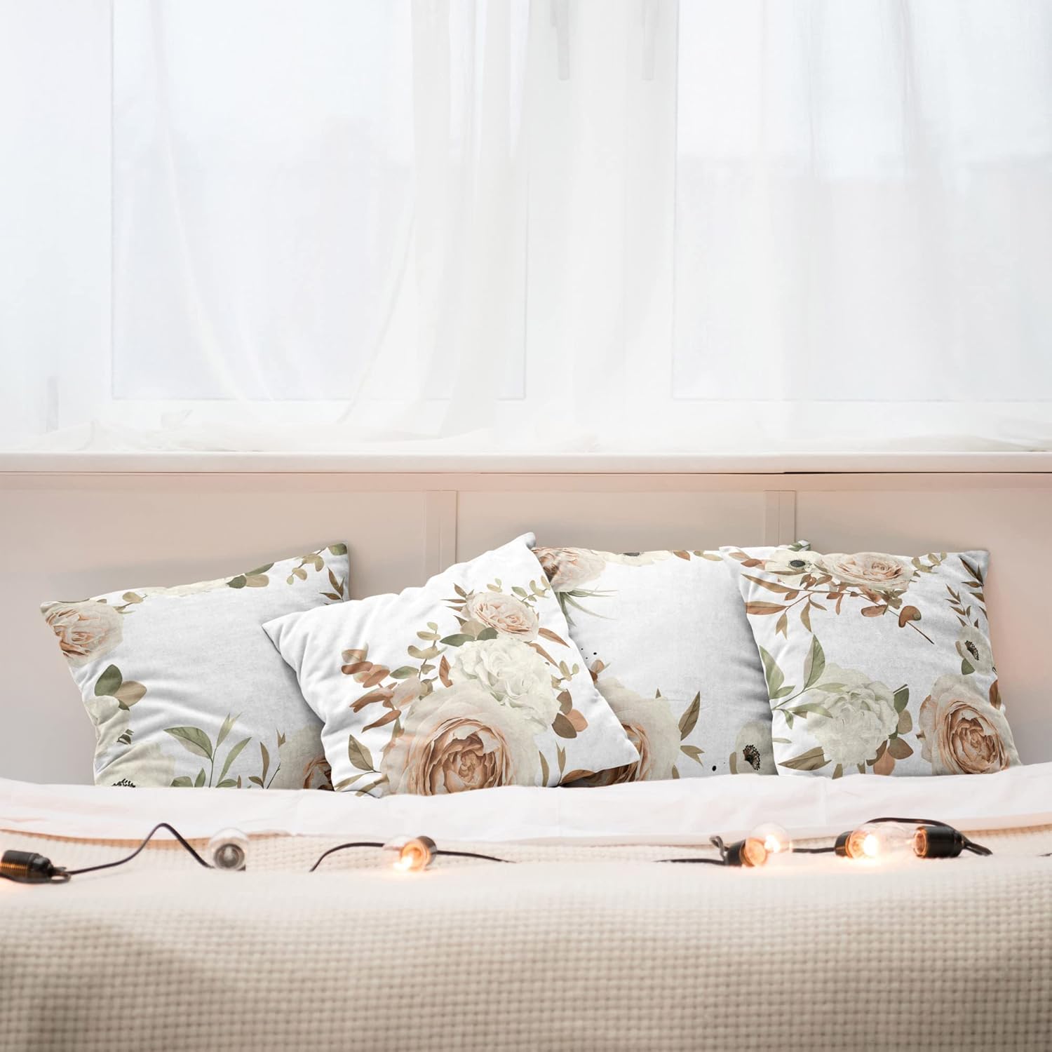 Ambesonne Floral Throw Pillow Cushion Case Pack of 4, Pastel Colored Romantic Style Blossoming Roses and Carnation Minimal Love, Modern Accent Double-Sided Printing, 20" x 12", Pale Salmon and Ivory