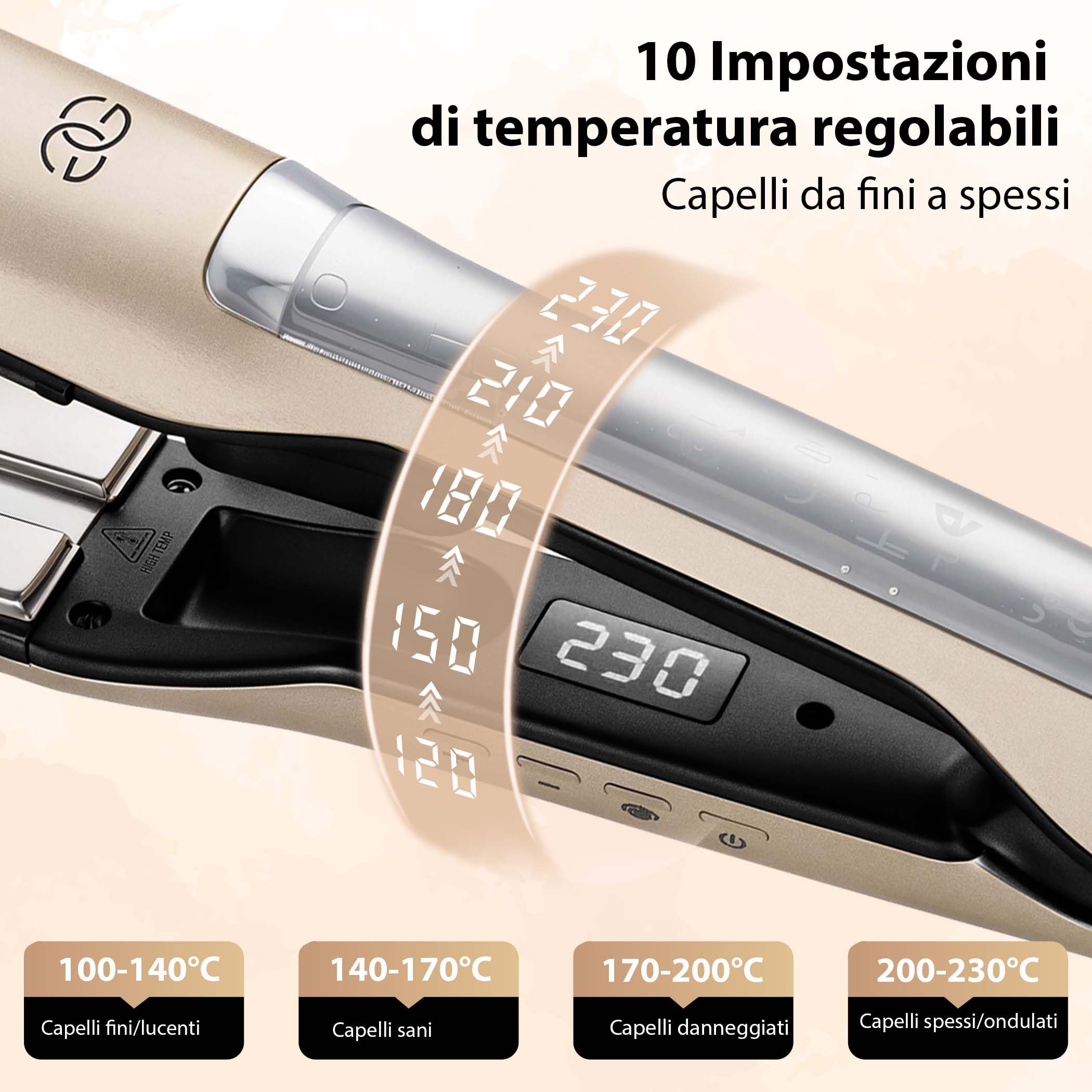 Piastra per Capelli a Vapore, Golden Goods Piastra capelli Professionale 2 in 1 Steampod, Vapore potente, Piastre Larghe, 10 temperature a 230 Gradi, Cavo 2 m