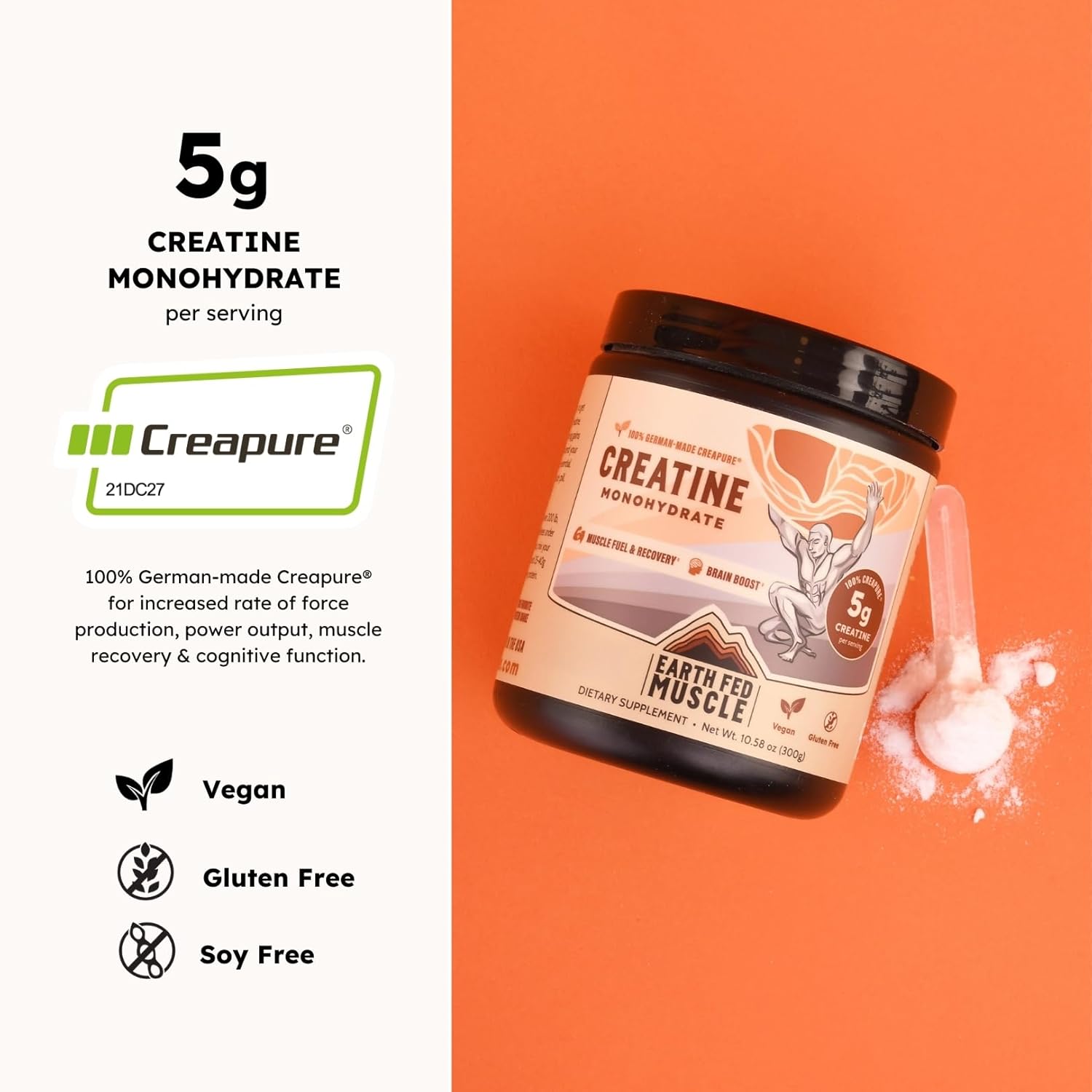 Earth Fed Muscle Creatine Monohydrate Powder — 300g, 60 Servings | German Creapure Creatine for Strength, Power & Muscle Growth | Unflavored, Mixes Clean, No Fillers