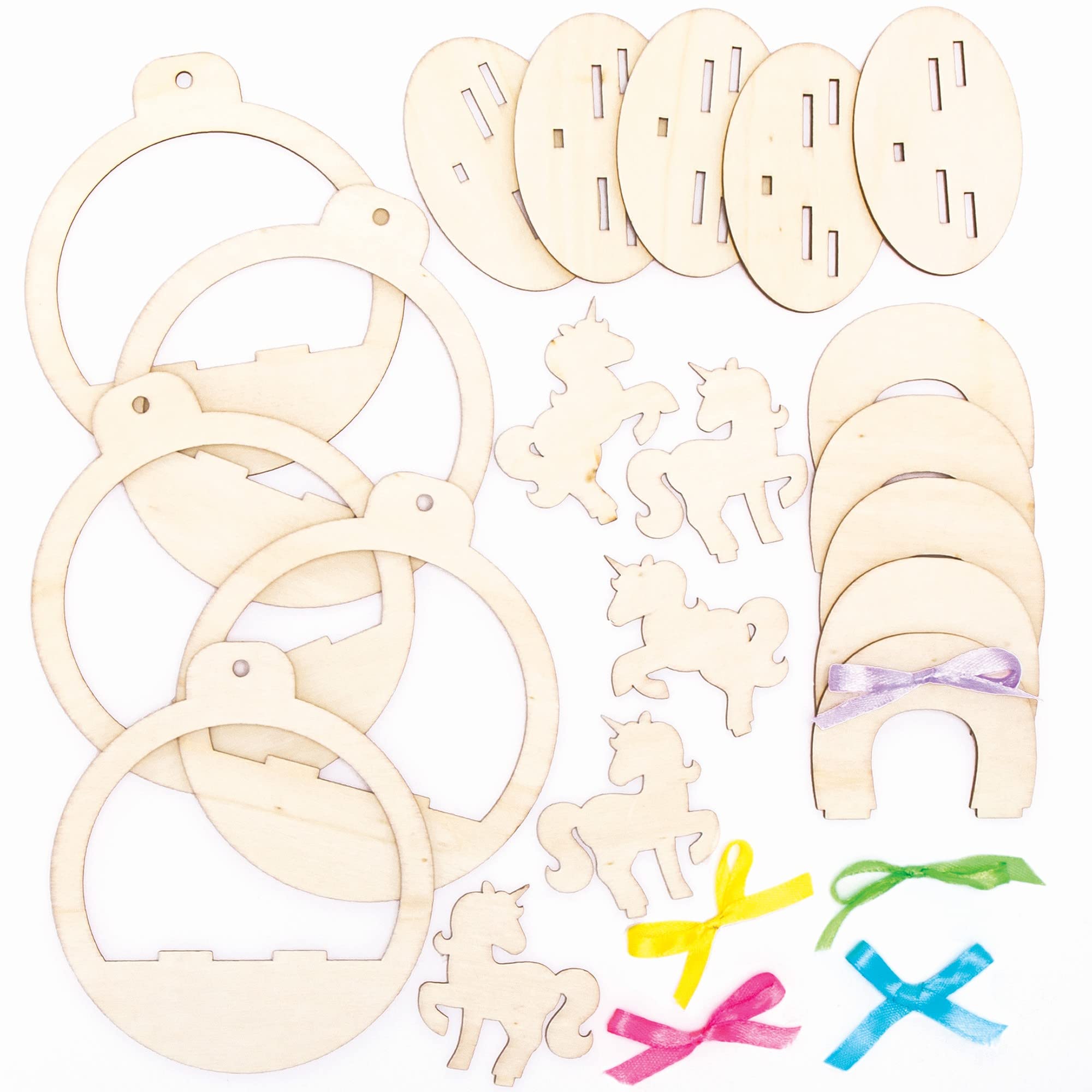Baker Ross Unicorn Wooden Bauble Kits - Pack of 5, Wood Unicorn Crafts for Children (FC398)