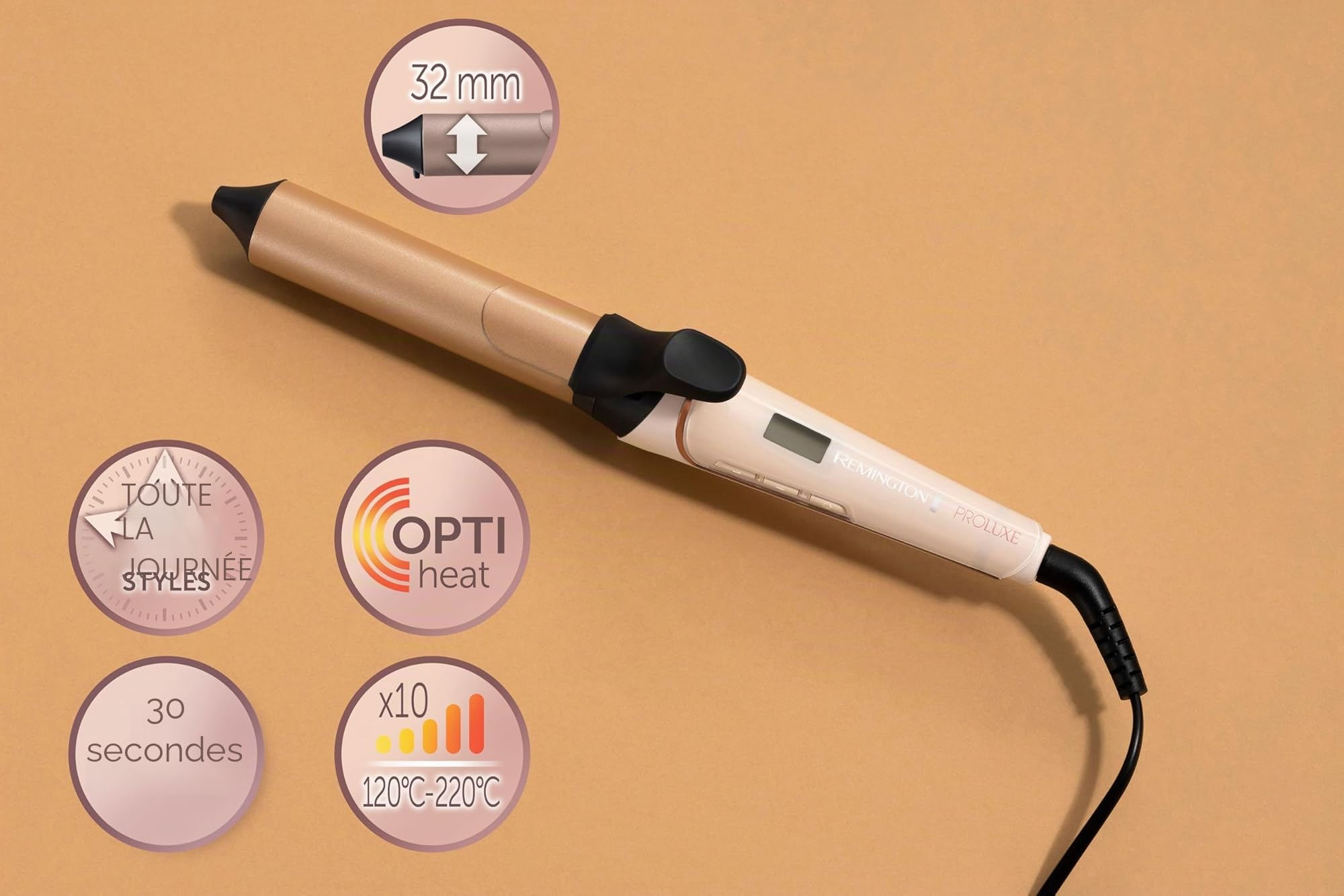 Remington Boucleur à cheveux [32mm: boucles glam] PROluxe (Technologie Intelligente OPTIheat, chaleur constante ciblée, Avec pince, Ecran LCD,10 réglages 120-210°C) Fer à boucler CI9132