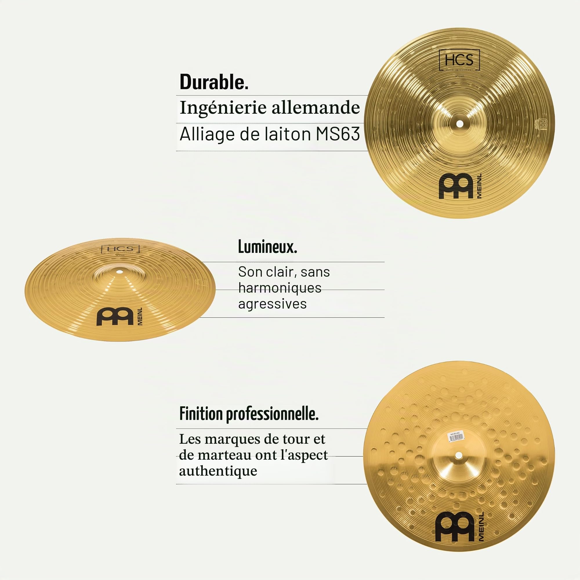 Meinl Cymbals HCS1314+10S Headliner Set de cymbales comprenant 1 hihat de 33 cm (13") 1 crash de 35,6 cm (14") 1 splash de 25,4 cm (10") + paire de baguettes Promark TX5AW