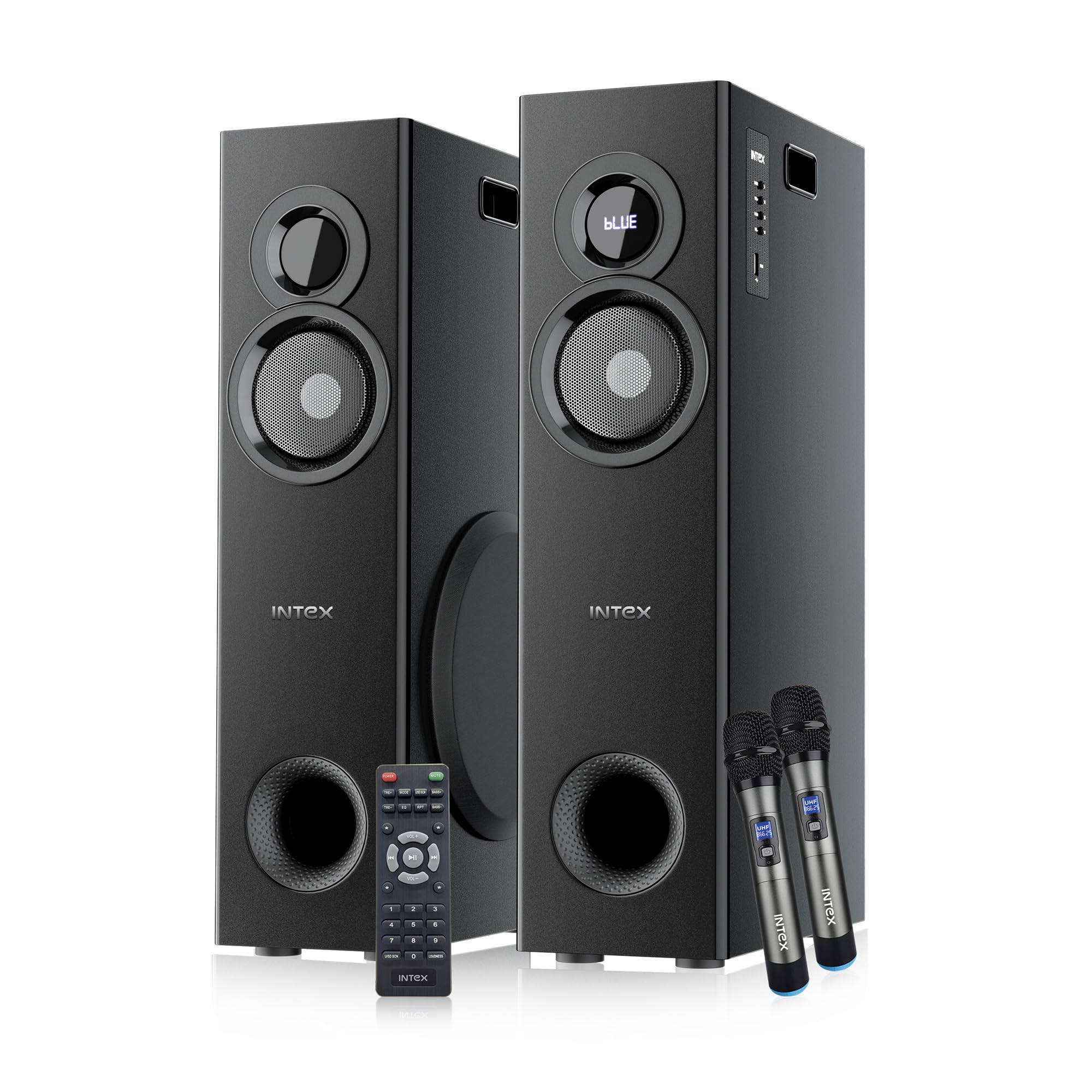 Intex 1000-D Multimedia 100 Watt Bluetooth Tower Speaker | 2 Cordless Karaoke Mic & Party Speaker | LED Display & Triple Bass Boosted Drivers | Fully Remote Control (Black)