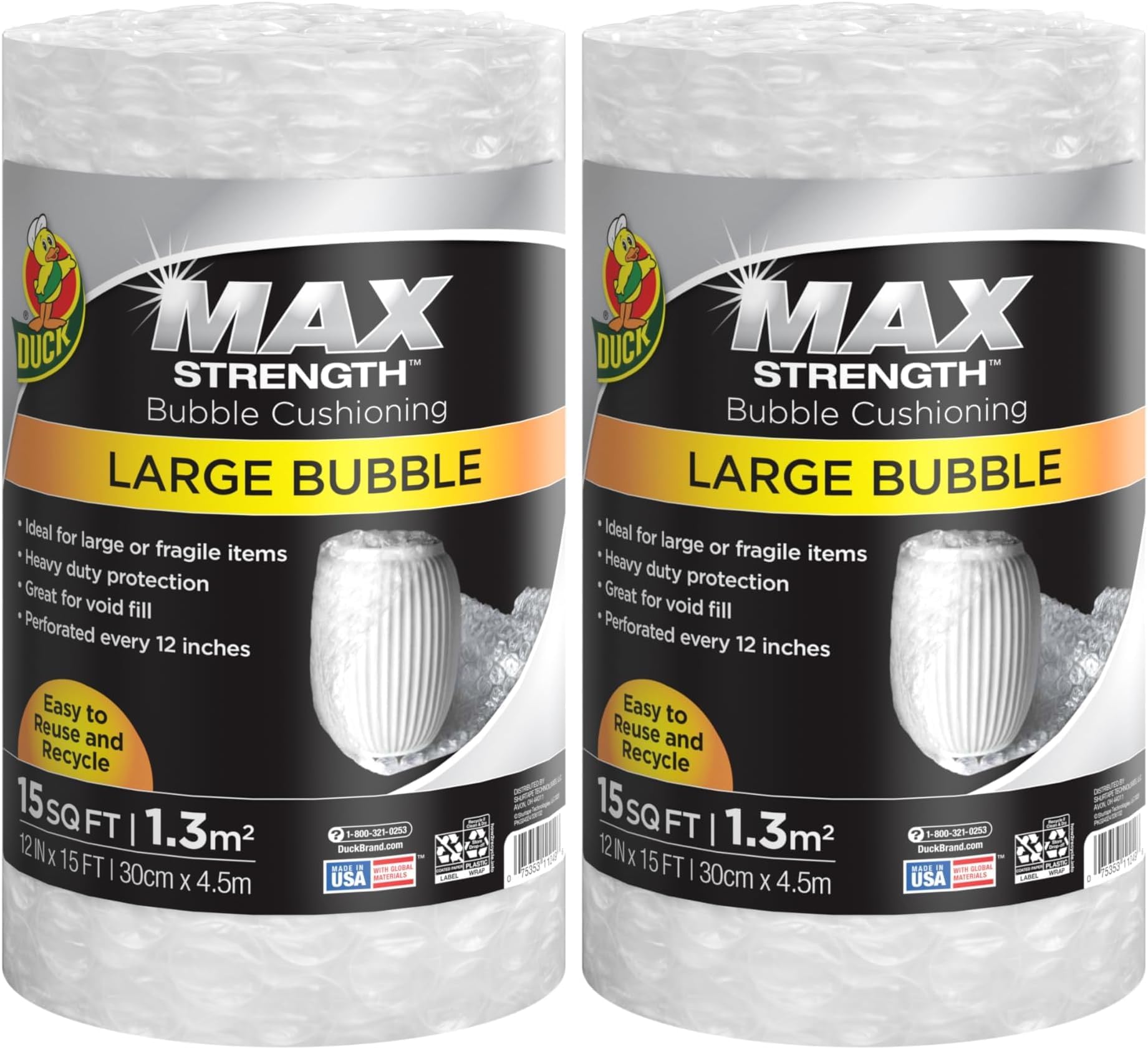 Duck Brand Large Bubble Wrap Roll, 5/16" Bubble Cushioning Wrap for Extra Protection Packing, Shipping, and Moving, Perforated Every 12", 12" x 15' (1304499) (Pack of 2)