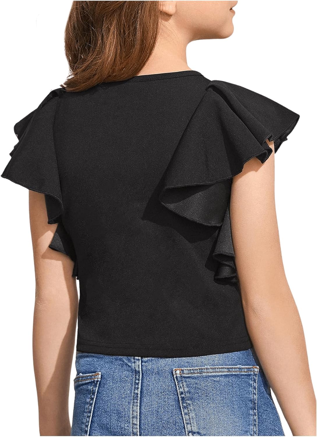 WDIRARA Girl's Ruffle Cap Sleeve Round Neck Cute Top T Shirt Solid Tee - Image 2