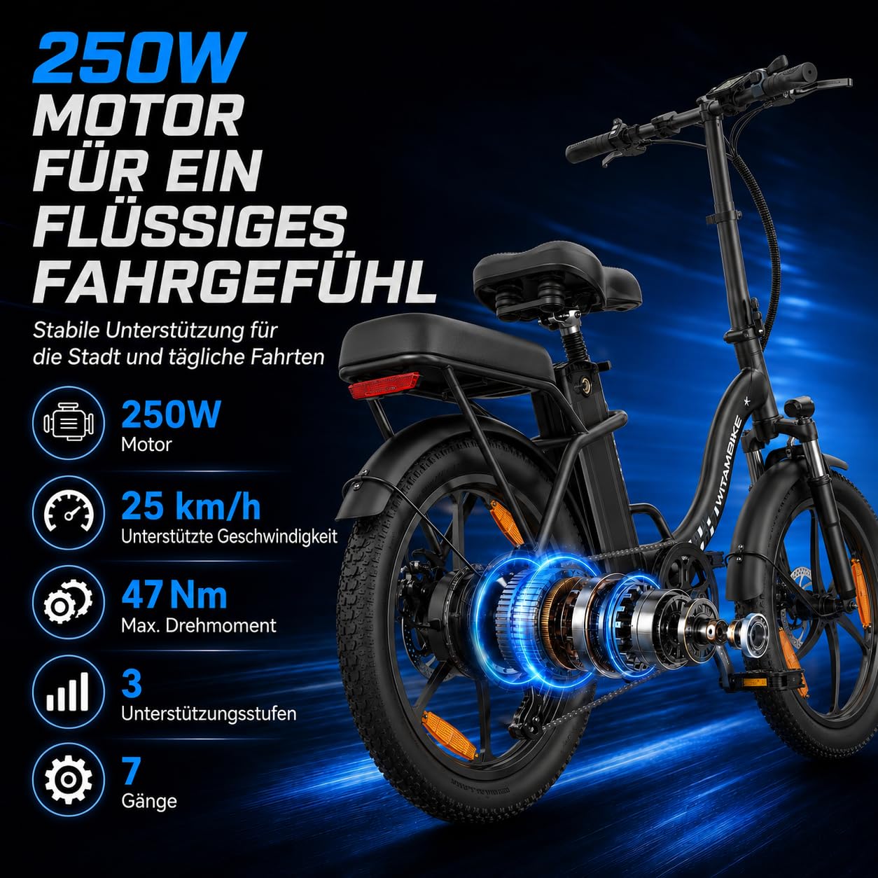WITAMBIKE C16 E Bike Klapprad 20 Zoll für Herren Damen, 250W Pedelec, 48V 16Ah Akku bis 100 km, Fatbike Elektrofahrrad für Pendeln und Reisen, 7-Gang, Federgabel, Scheibenbremsen