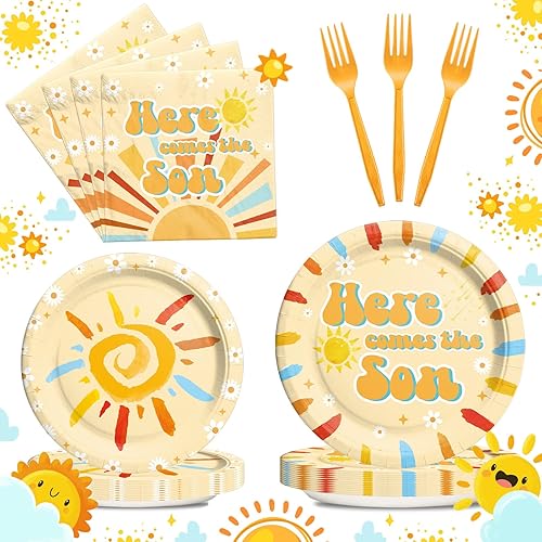Here Comes the Son - Juego de vajilla de decoración para baby shower con platos, servilletas, tenedores, suministros de fiesta de baby shower,