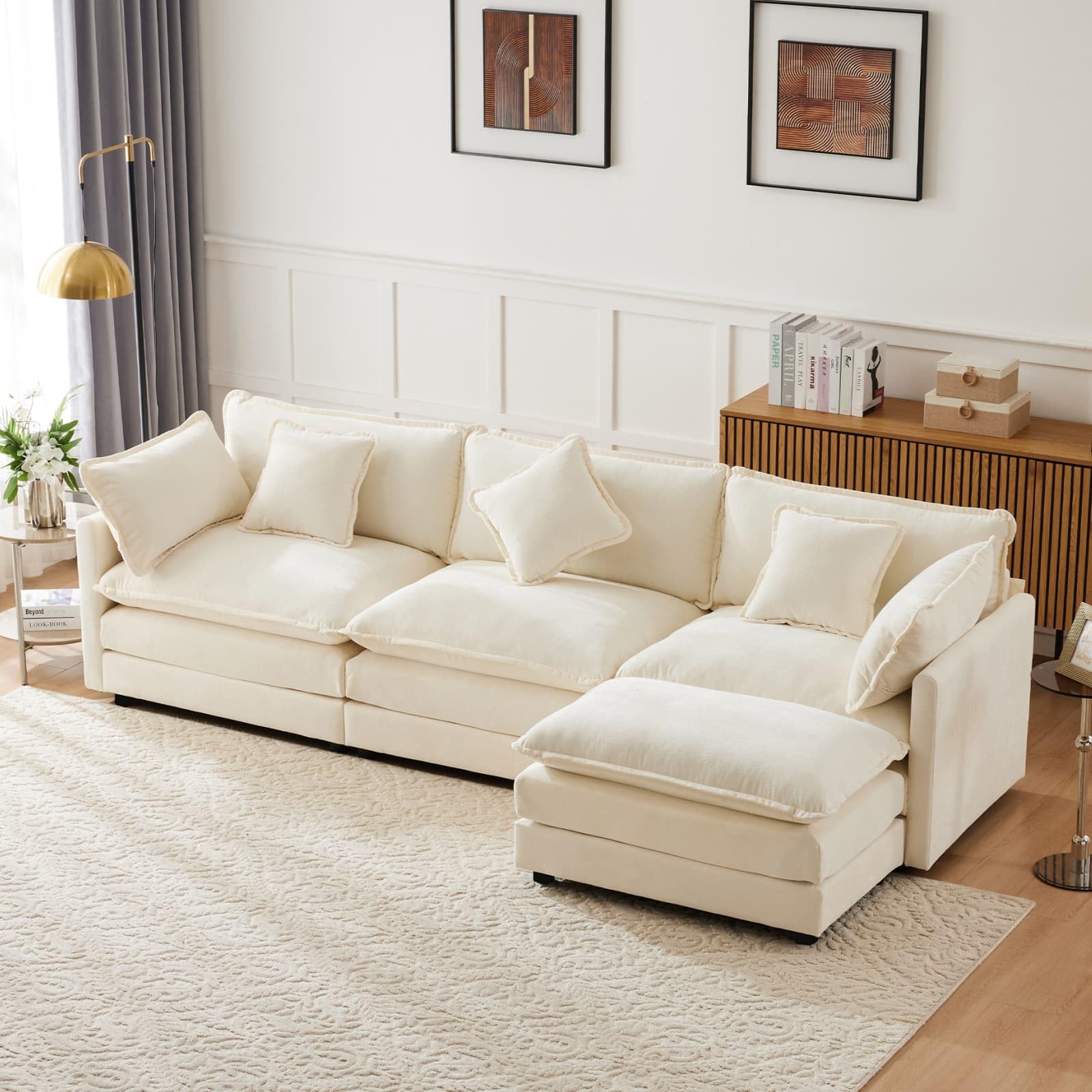KOMHTOM Canape d Angle Gris/Beige avec Coussins, canape 3 Places avec Pouf Canapé Moderne pour Salon Grand canapé (Beige)