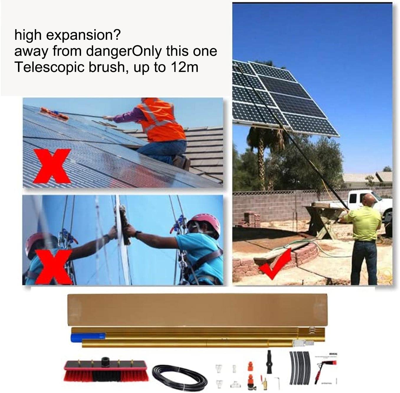 Palo para Limpiar Ventanas, Kit de Limpieza del hogar con Poste Exteón 4m, Herientas Paneles solares Techo, Ventanas Mango L, Accesorio Cepillo para cas