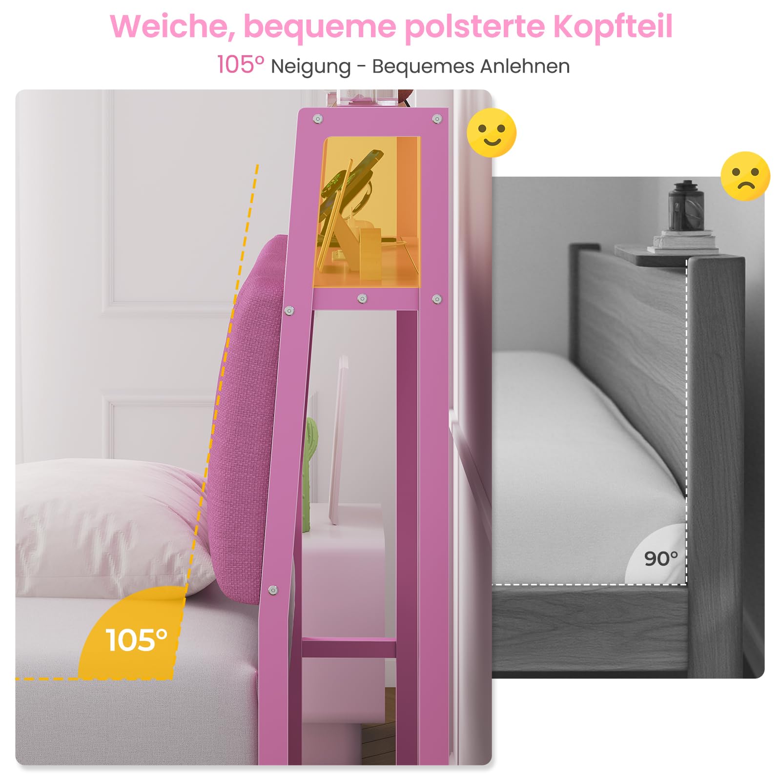 Brinlawb Mädchen Bett 90x200 cm mit LED Beleuchtung und Ladestation (2 AC-Steckdosen, 1 USB-A, 1 USB-C) Bettgestell Jugendbett mit gepolstertem Kopfteil und 2 offenen Regalen, Kinderbett 90x200 Rosa
