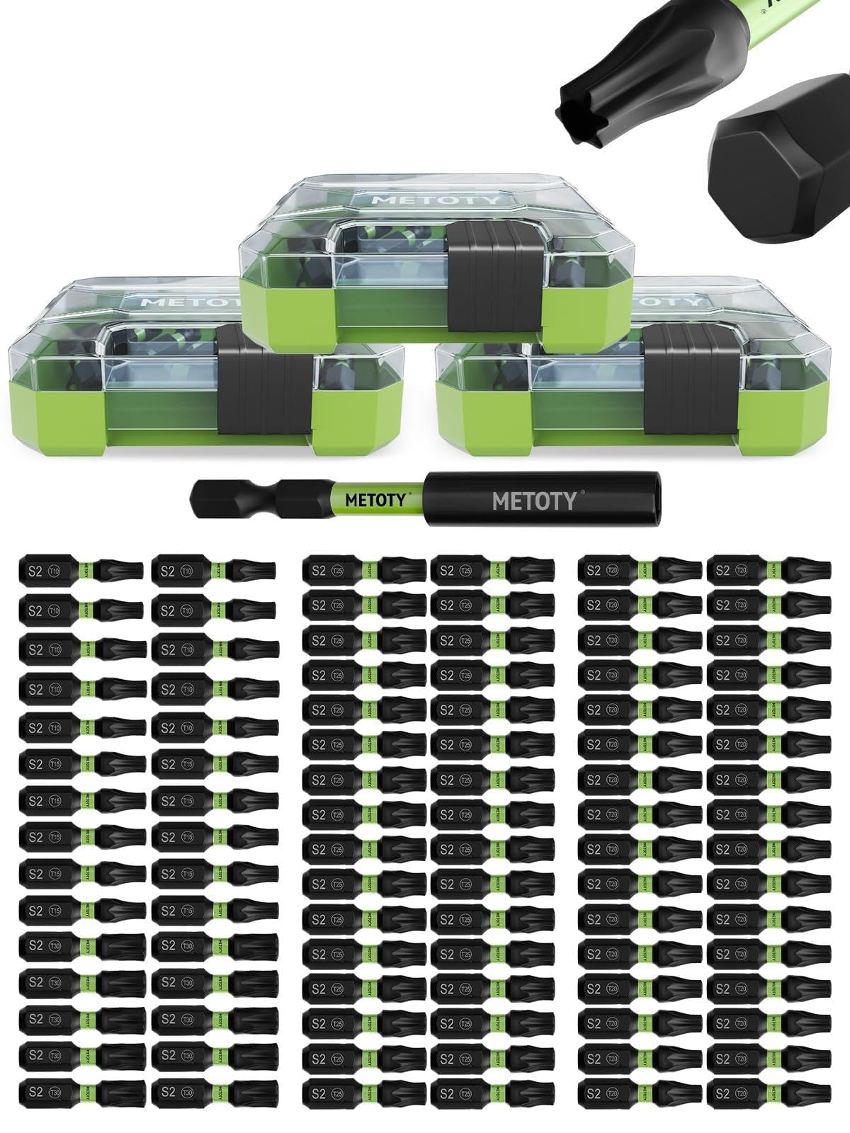 Lot de 91 embouts de tournevis à percussion magnétiques en acier S2 creux Torx T10/T15/T20/T25/T30 en longueur de 25 mm, équipés d'un poteau d'extension magnétique et d'une base de rangement