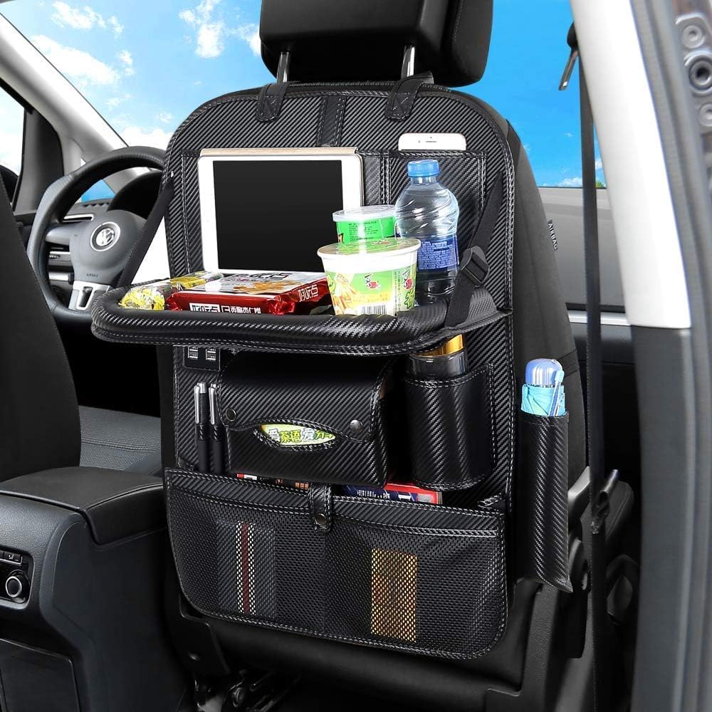 AUCD Back Seat Car Organizer with Tablet Holder and 4 USB Charging Port, Car Organizer for Kids Baby Toddlers Toy Bottles Storage Foldable Dining Table Family Road Trip Travel Accessories (Black)