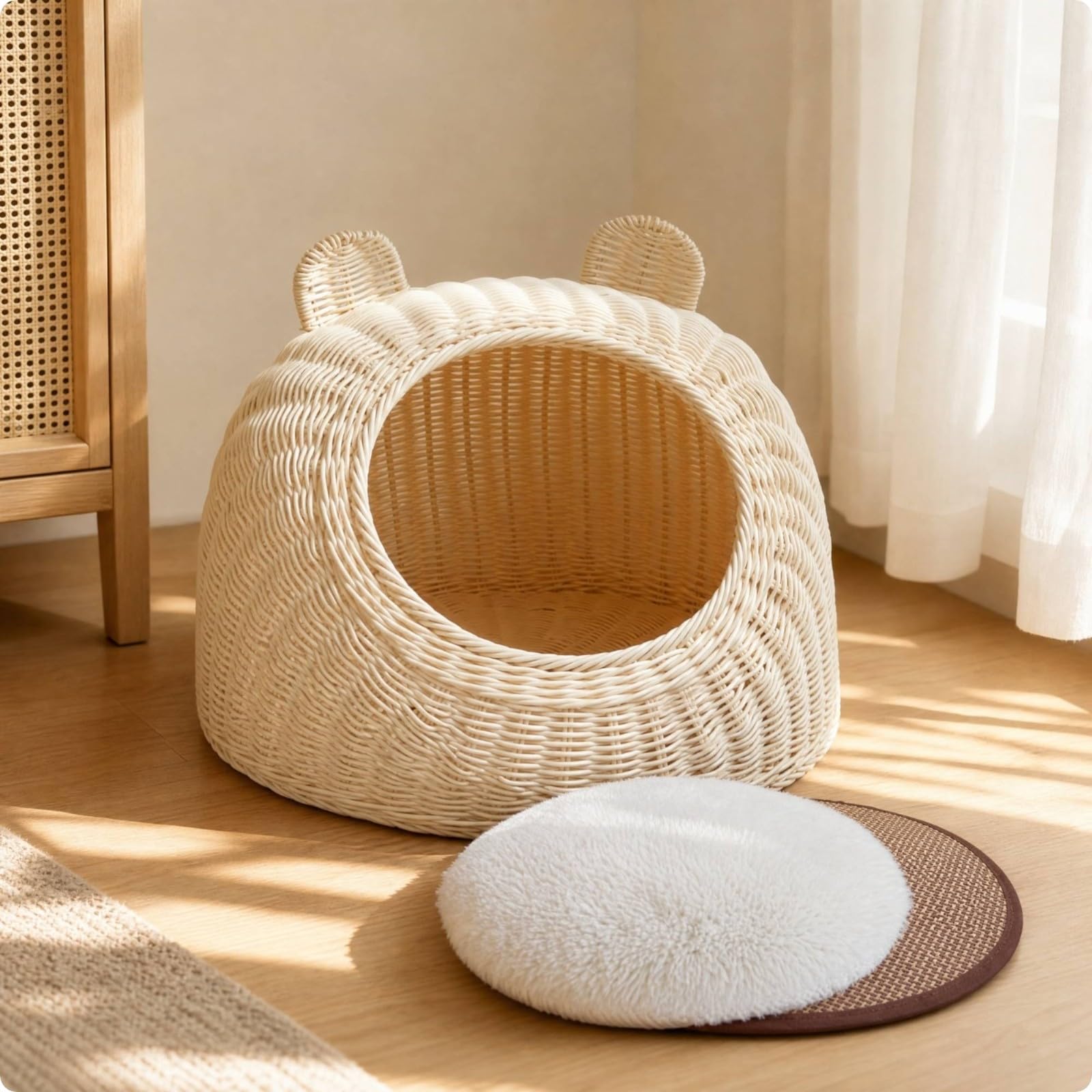 Handgeflochtenes Tierbett mit Ohren-Details Handgeflochten Katzenkorb mit Kissen Katzenbett für Besitzer Kleiner Kleintiere, Terrasse, Offweiß, M