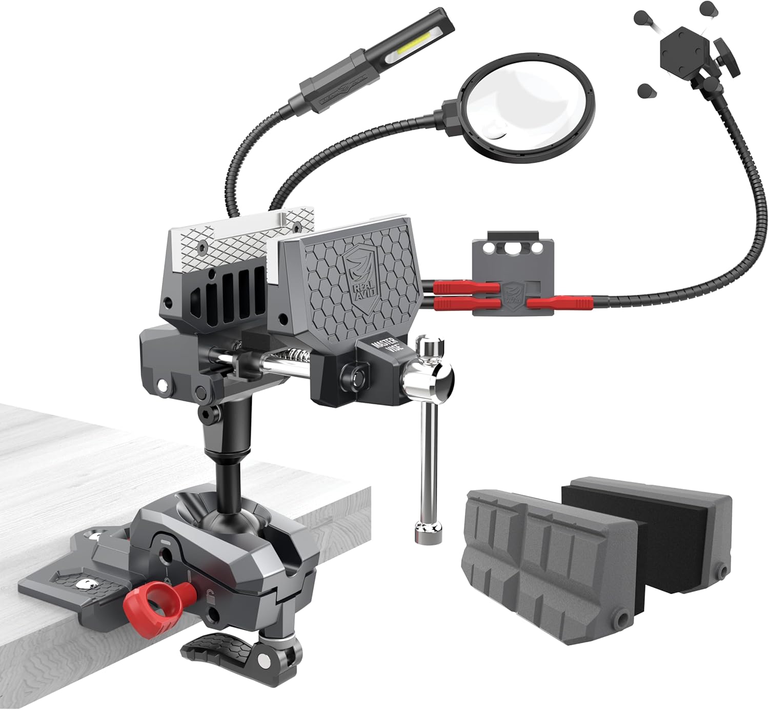 Real Avid Vise and Smart-Assist Combo - 360° Articulating Bench Vise & Hands-Free Accessory System - Includes Vise Jaws, Magnifying Glass, Rechargeable Work Light & Phone Holder