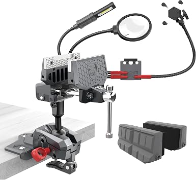 Real Avid Vise and Smart-Assist Combo - 360 Articulating Bench Vise & Hands-Free Accessory System - Includes Vise Jaws, Magnifying Glass, Rechargeable Work Light & Phone Holder