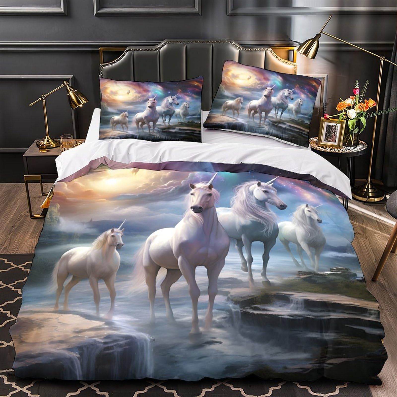 Unicorn Fantasy Quilt Cover 3D Design Printed Super Soft 3 Pcs Bedding Set Zipper Mythical Horse Duvet Cover Ultra Soft Anti-allergic for Kids Adults Women Teens Youth Boys Super king（260x220cm）