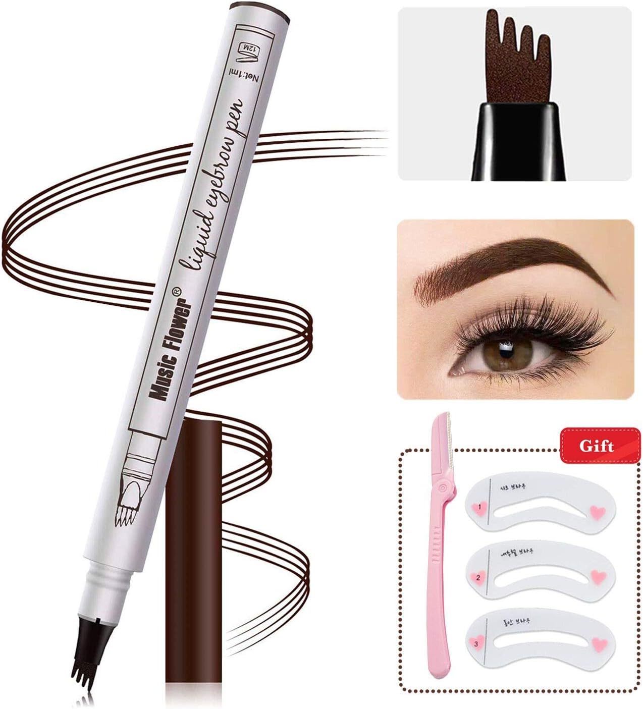 Eyebrow Tattoo Pen,Microblading Eyebrow Pen 4 Points Eyebrown Pen Tat Brow Microblade Eyebrow Pencil Waterproof & Smudge-Proof With Four Micro-Fork Tips Applicator for Daily (1#Dark Brown/Chestnut)