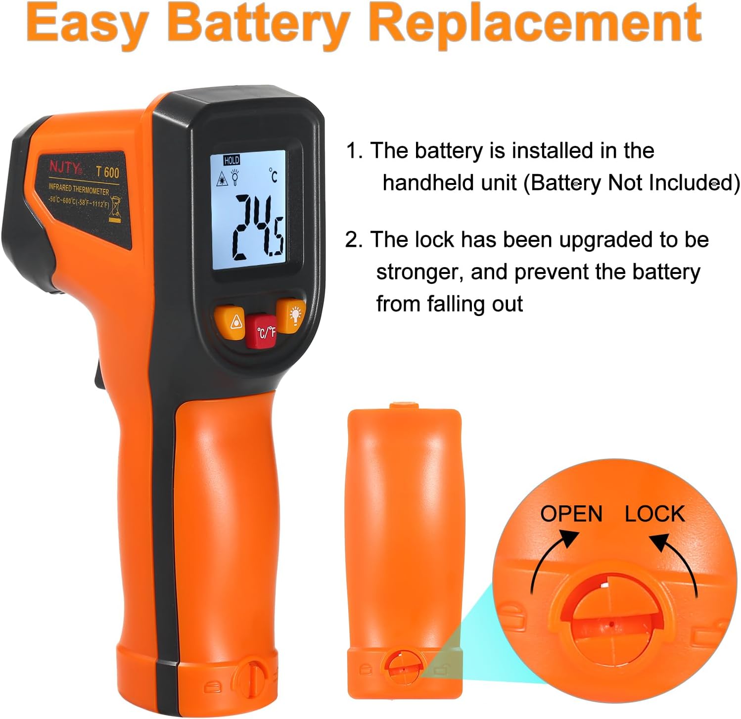 Diagram showing how to open the battery compartment and install batteries in the NJTY T600 Infrared Thermometer