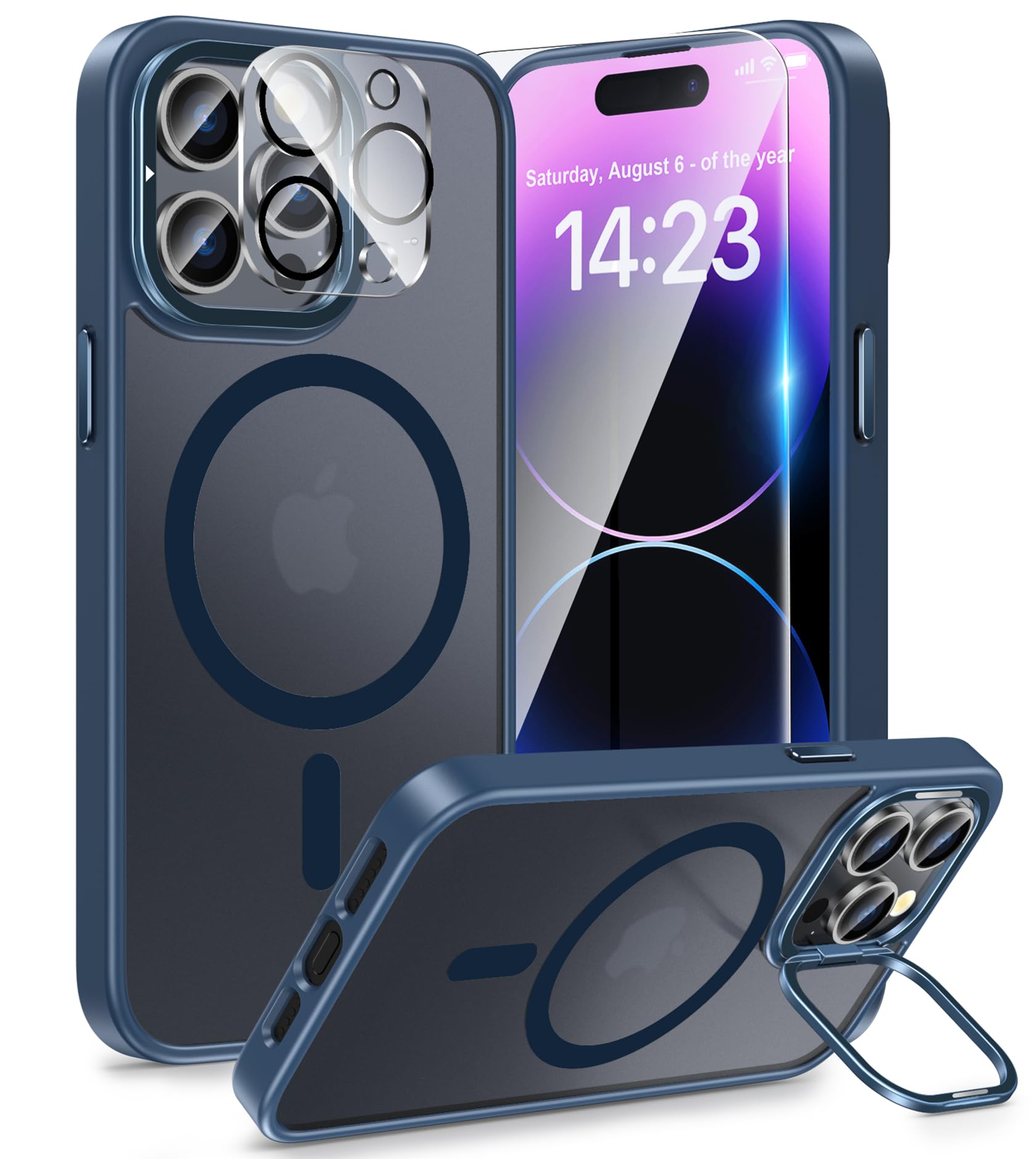 FNTCASE for iPhone 14 Pro Max Magnetic Kickstand Case, Frosted Matte Blue