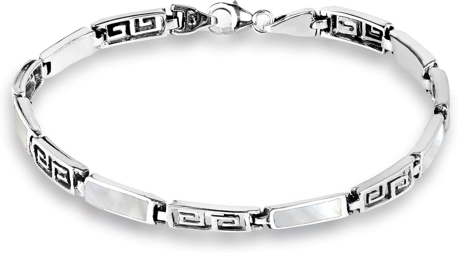 AeraVida Greek Key Labyrinth Stone Inlay .925 Sterling Silver Link Bracelet | Casual Sterling Silver Bangle Bracelet | Jewelry Gift