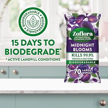 Zoflora Midnight Blooms Large Antibacterial Cleaning Wipes, 6 packs of 70 | Biodegradeable multi-surface disinfectant cleaning wipes, removes bad odours, kills 99.9% of germs and viruses