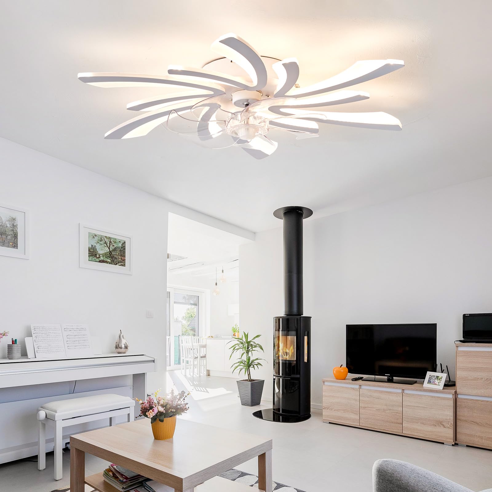 78 cm Plafondventilatoren met lampen, stille dimbare plafondventilatorverlichting DC motor timer omkeerbare moderne plafondventilator met verlichting voor slaapkamer woonkamer, wit