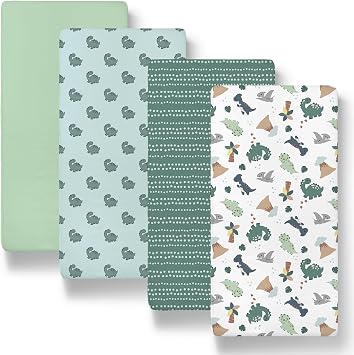 The Peanutshell Baby Bassinet Sheets 4-Pack for Boy - Soft, Oval & Fitted Baby Boys Bassinet Sheet, Rectangle, Fitted Sheet Covers for Crib, Halo Bassinet Mattress - Green Dino