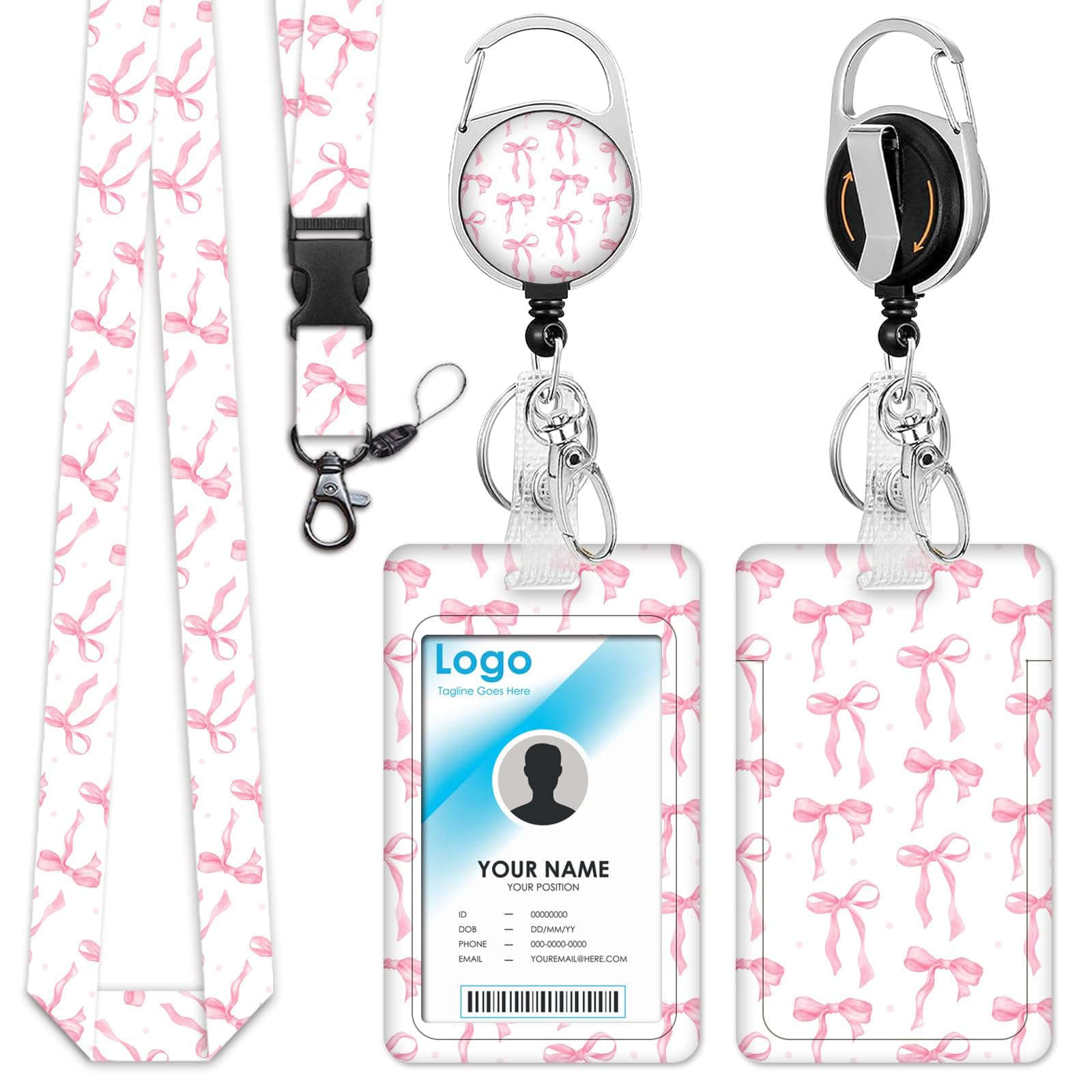 Calkkrer ID Card Holder Sweet Pink Bow Lanyard for Women, Detachable Card Holder for Work ID, Name Tag and ID Cards, Stylish Office Accessories