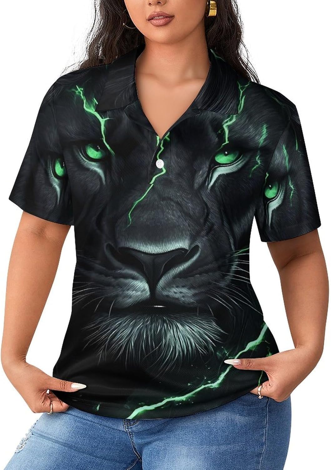 Thunder Lion Womens Golf Polo Shirts Summer Short Sleeve Collared 3 Buttons T Shirt Activewear Tops